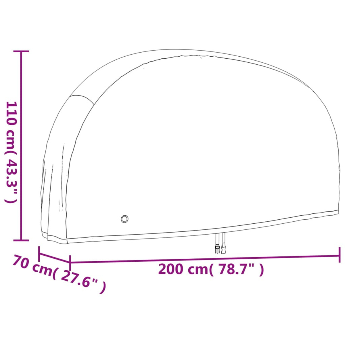 Ein weißes, halbkreisförmiges Objekt mit den Maßen: 110 cm (43,3") hoch, 70 cm (27,6") breit und 200 cm (78,7") lang.
