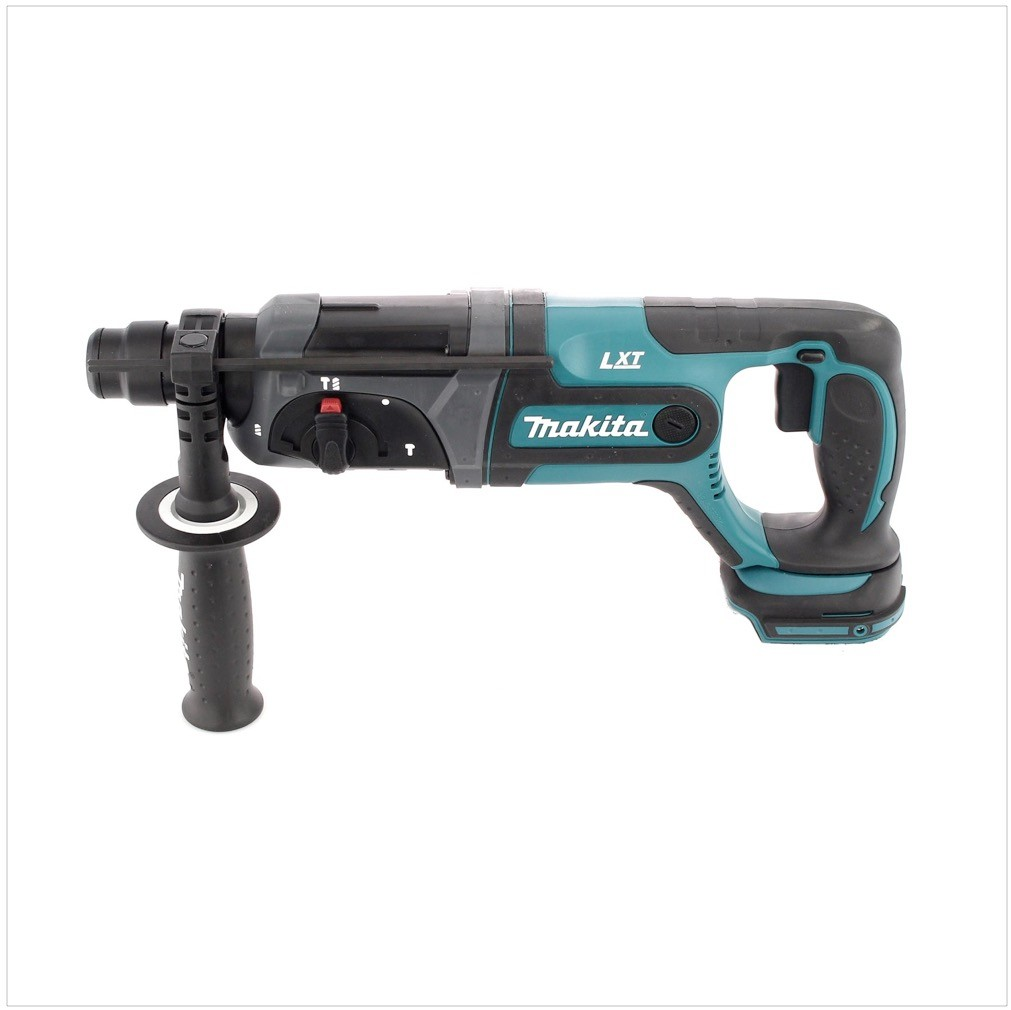 Ein kabelloser Makita LXT-Rotationshammerbohrer auf weißem Hintergrund. Er ist teal, schwarz und grau.
