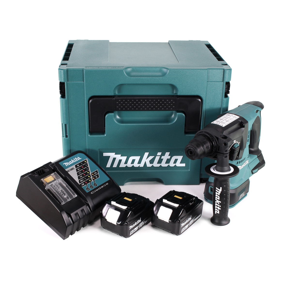 Ein Makita-Werkzeugset wird gezeigt. Es umfasst eine tealfarbene Werkzeugkiste, einen Bohrer, zwei Akkus und ein Ladegerät, alles auf weißem Hintergrund.