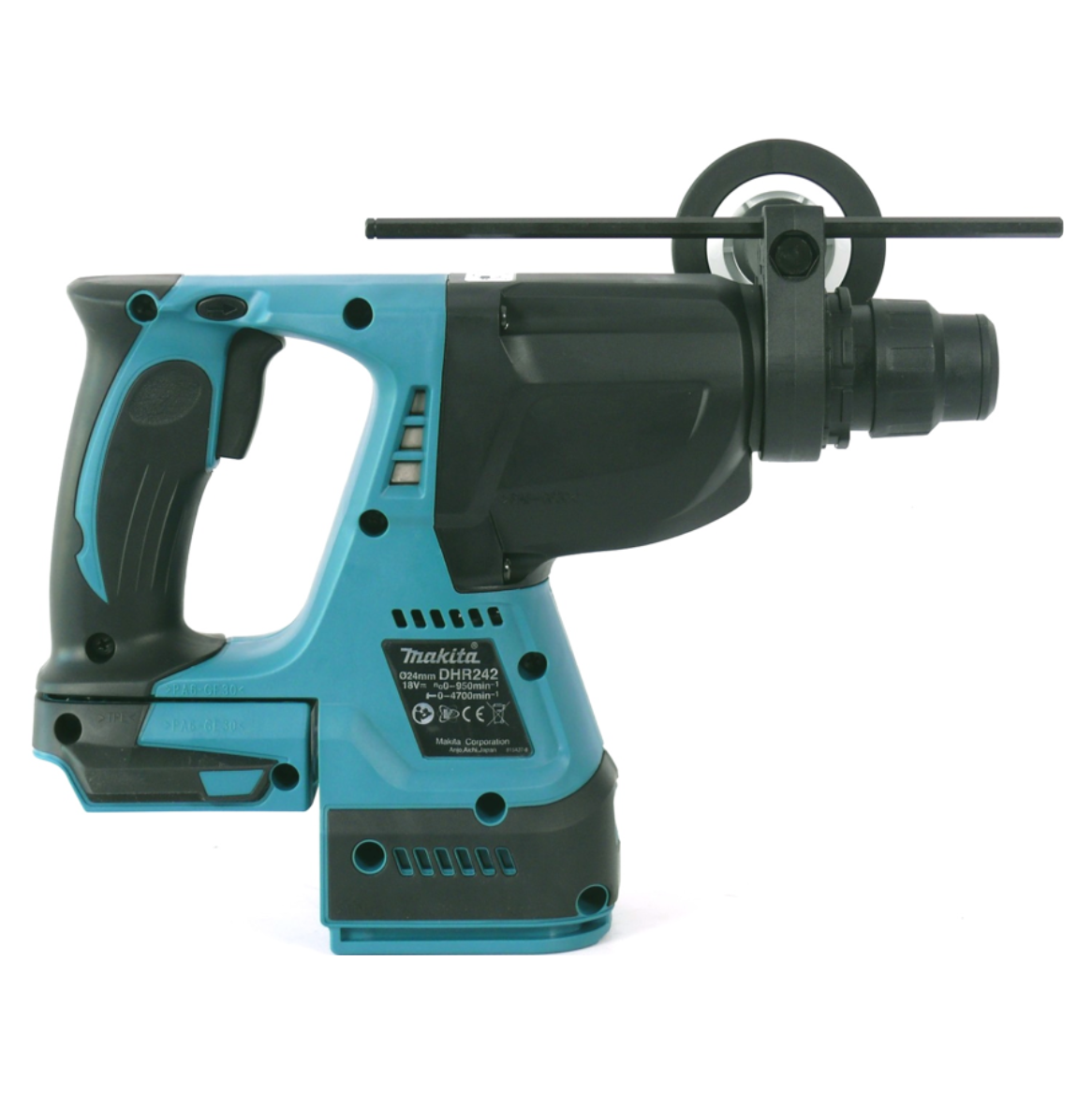 Ein Makita DHR242 Akku-Bohrhammer. Er ist teal und schwarz mit einem kreisförmigen Tiefenanschlag und einem schwarzen Griff. Auf Weiß isoliert.