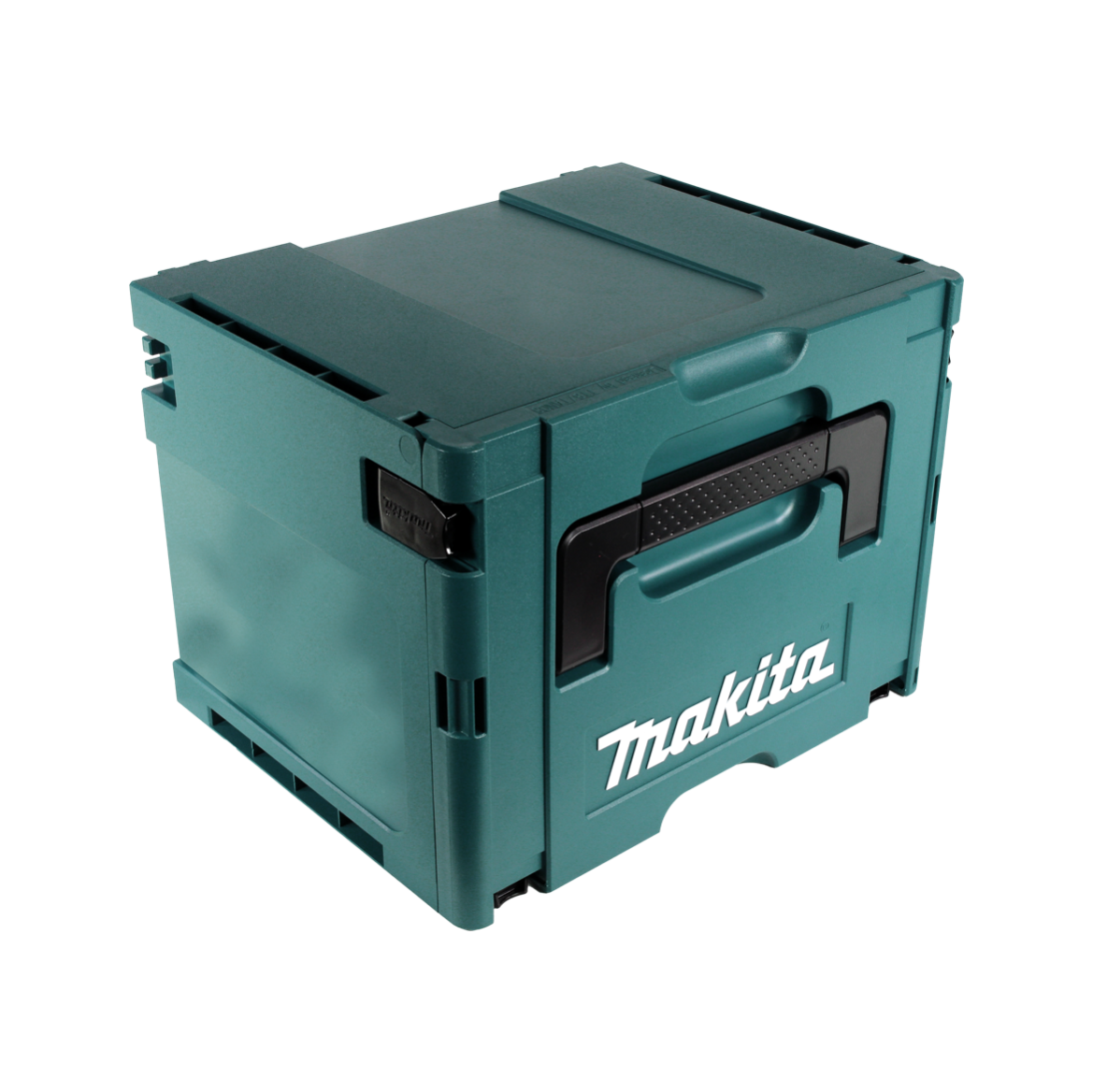 Eine teal Makita Werkzeugkiste ist zu sehen, mit einem schwarzen Griff und dem Makita-Logo. Es befindet sich auf weißem Hintergrund.