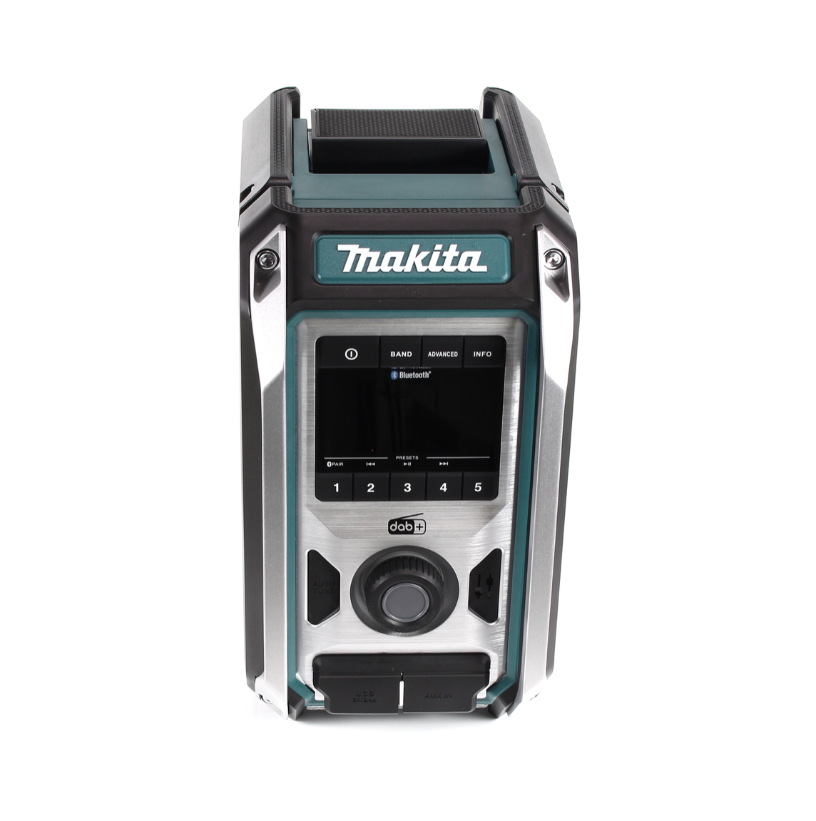 Makita-Radio. Silber, Schwarz und Türkis. Es hat einen Bildschirm, Knöpfe und ein Zifferblatt. Das Wort "Bluetooth" ist sichtbar.