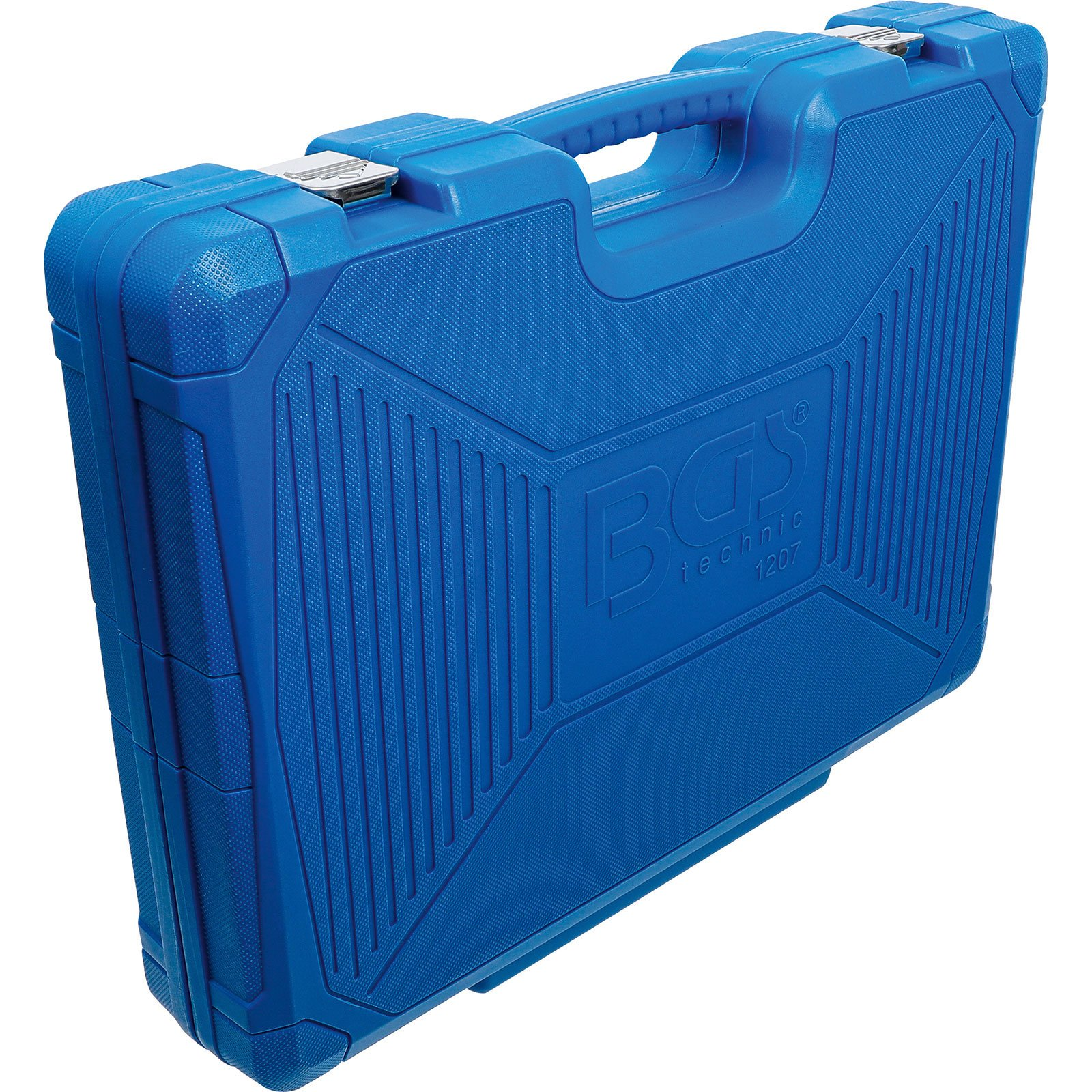 Blauer Werkzeugkoffer mit Griff und Metallverschlüssen. Der Koffer hat strukturierte Oberflächen und den Markennamen 'BGS technic'.