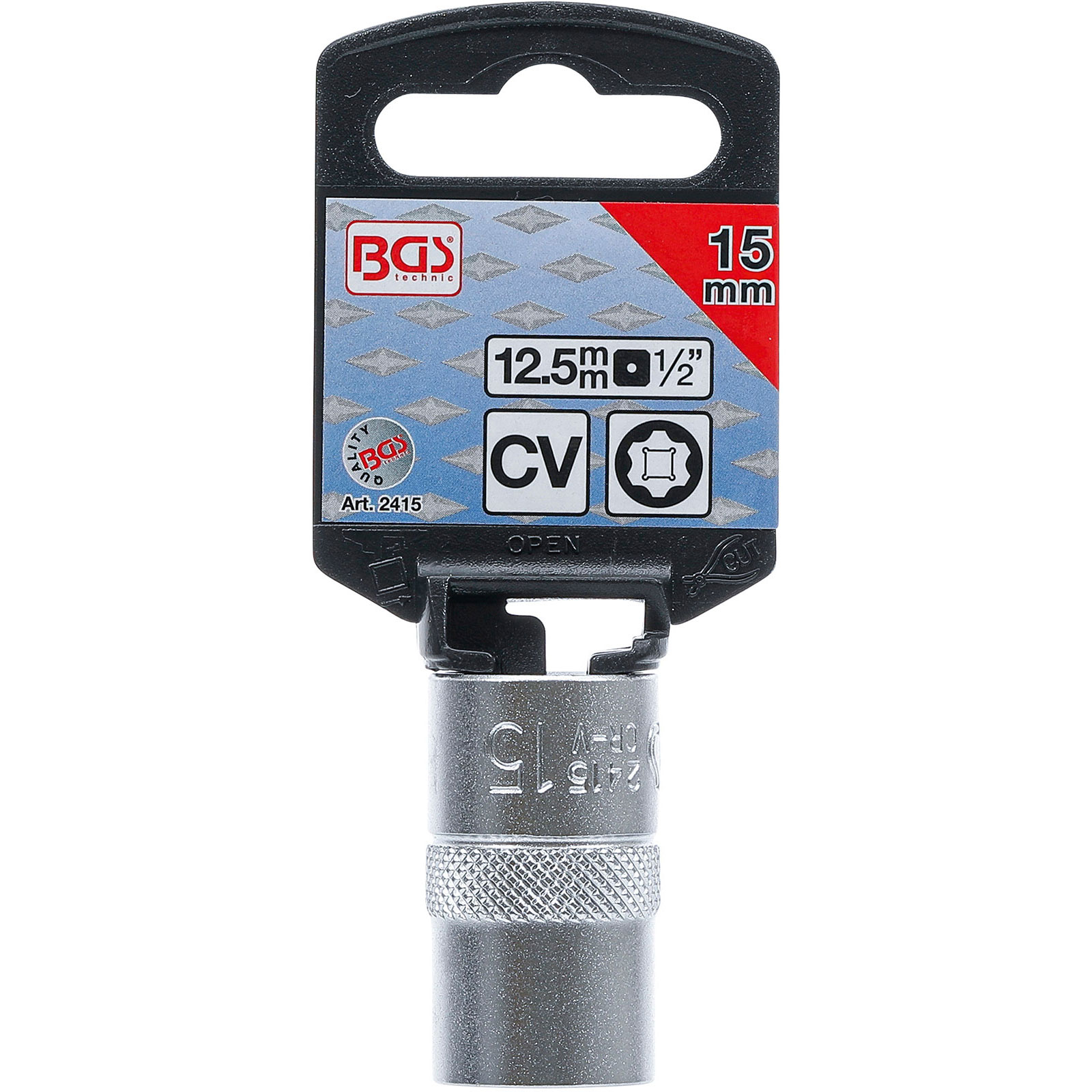 Una testa di chiave a bussola con un supporto in plastica nera. La confezione mostra dettagli come la dimensione: 15 mm e il logo 'BGS technic'.