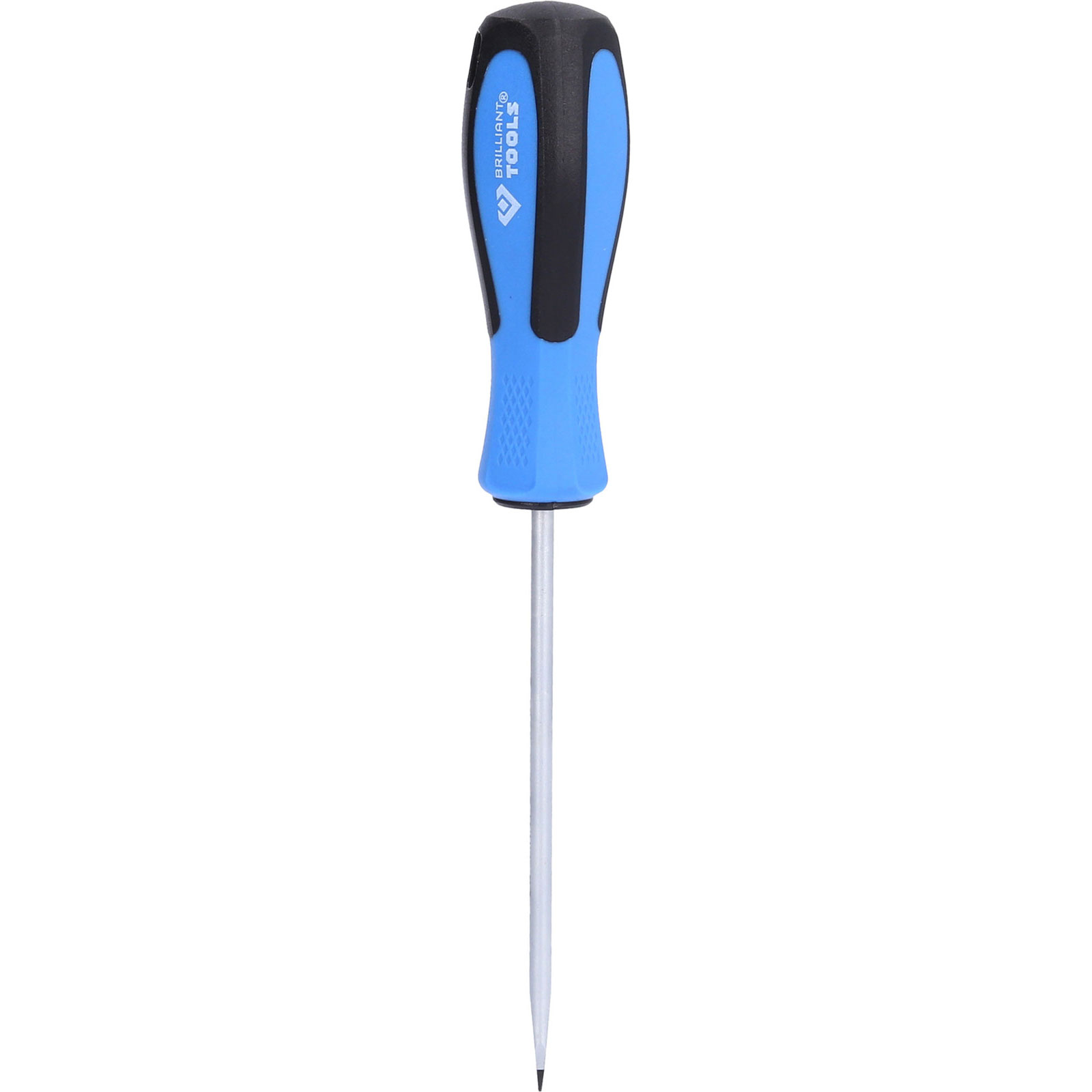 Un cacciavite blu e nero con estremità argentata a punta. Il manico ha il marchio Brilliant Tools.