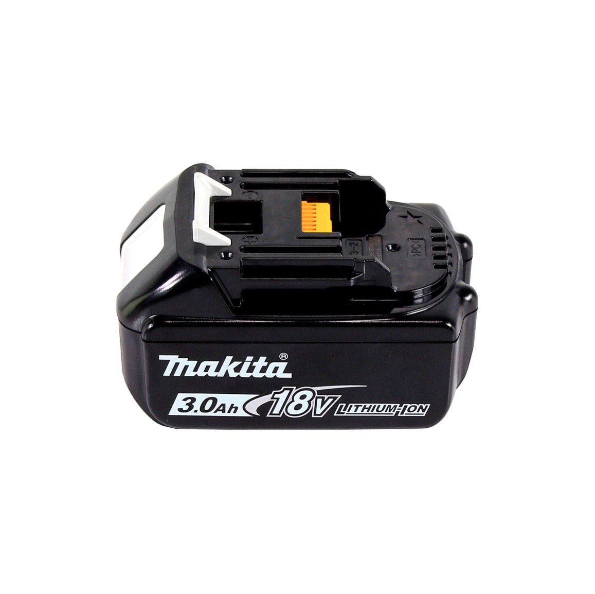 Schwarzer Makita 18V Lithium-Ionen-Akku. Hat eine weiße und orangefarbene Oberseite mit dem Makita-Logo und Spezifikationen.