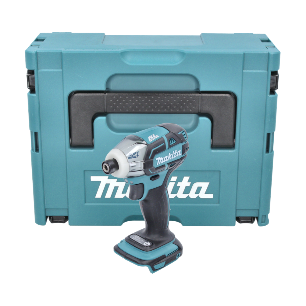 Ein kabelloser Makita-Schlagschrauber steht vor einer tealfarbenen Aufbewahrungsbox. Der Treiber ist schwarz, teal und silber. Die Box hat einen Griff.