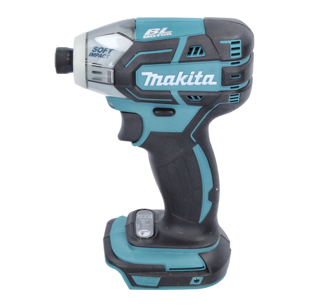 Makita Akku-Schlagschrauber. Türkis und schwarz mit weißem Text. Merkmale sind Soft Impact und BL Motor.