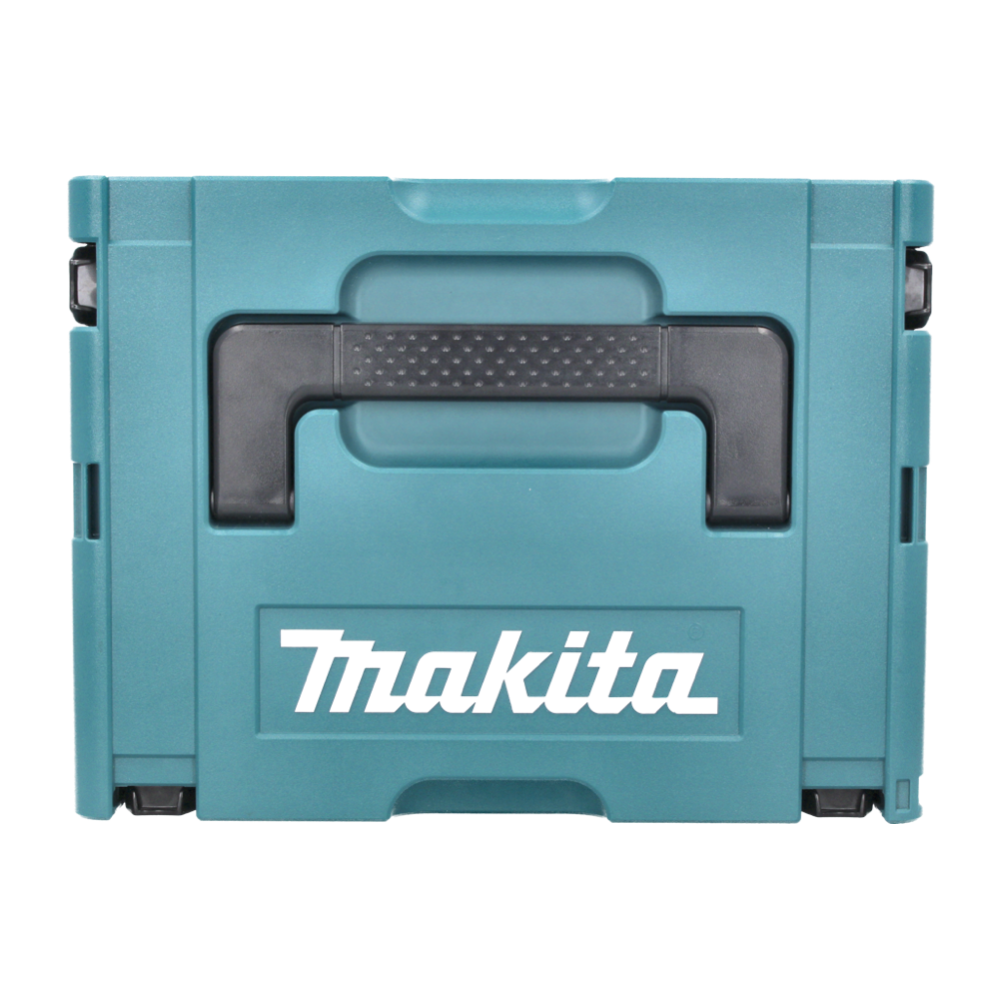 Eine türkisblaue Makita-Werkzeugbox mit schwarzem Griff und dem Markennamen in Weiß. Sie steht vor weißem Hintergrund.