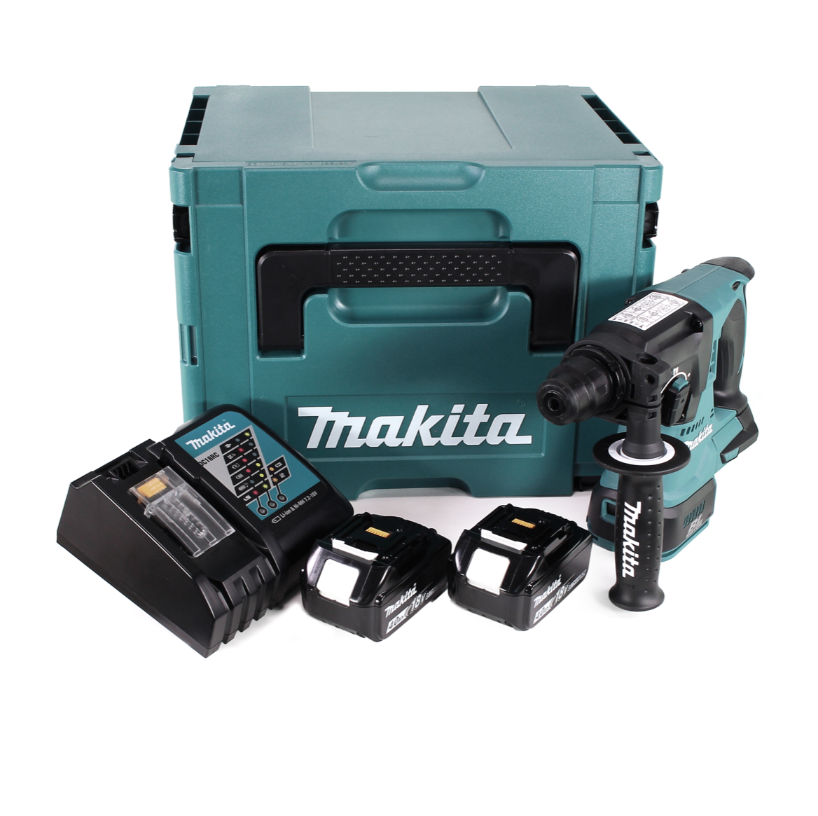 Ein türkisfarbenes Makita-Werkzeugset mit Bohrmaschine, Ladegerät, zwei Akkus und einer Aufbewahrungsbox. Alles auf weißem Hintergrund.