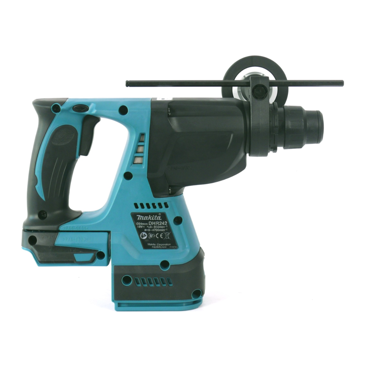 Ein teal-farbenes und schwarzes Makita DHR242 Elektrowerkzeug, mit einem schwarzen Griff. Es hat eine schwarze kreisförmige Führung.