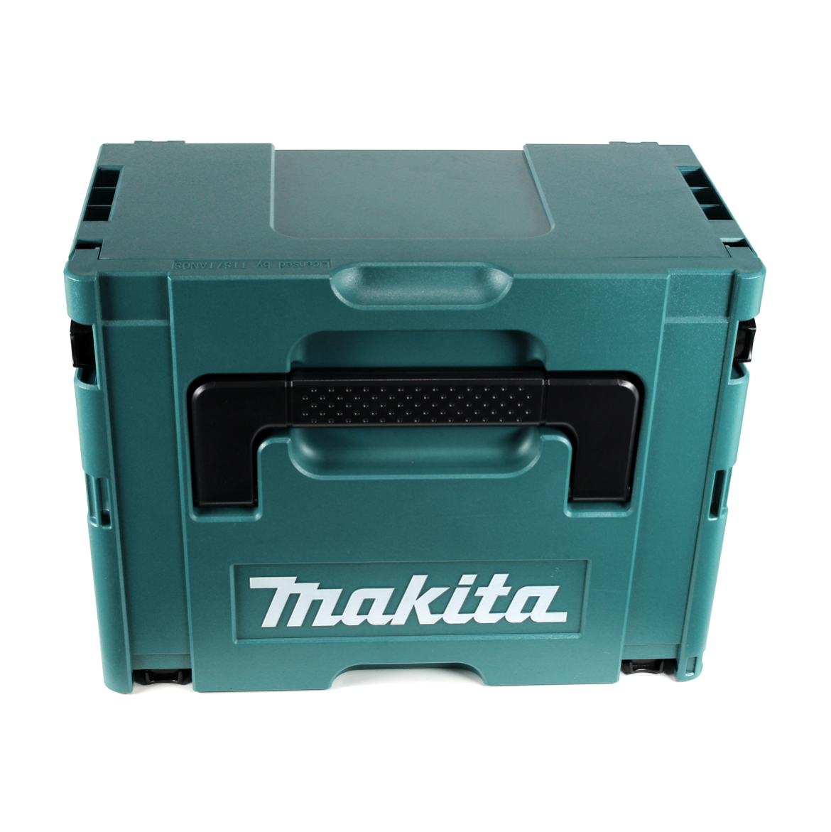 Eine grüne Makita-Werkzeugkiste. Sie hat einen schwarzen Griff und das Makita-Logo. Der Hintergrund ist weiß.