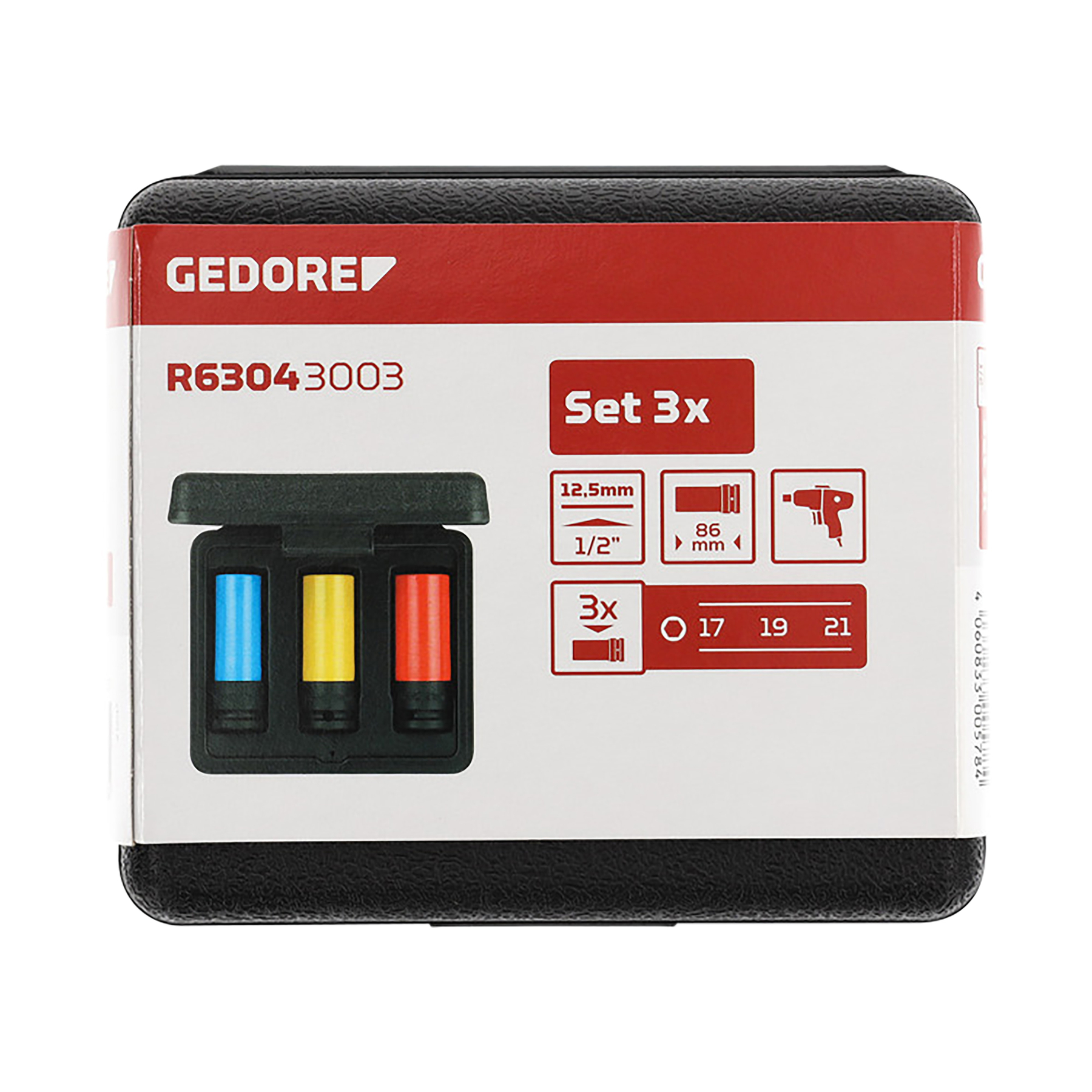 Eine Gedore-Setbox mit drei farbigen Bits. Blau, gelb und rot. Text enthält Setgröße, Abmessungen und Werkzeugtyp.