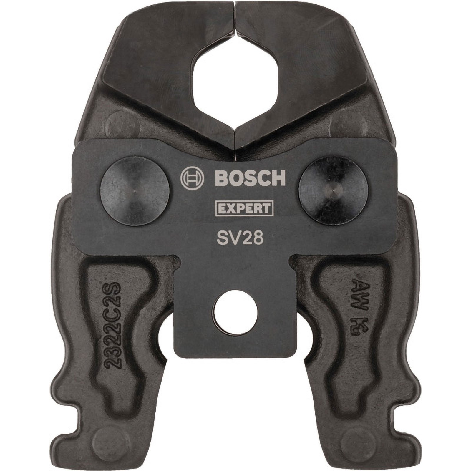 Schwarzes Metallwerkzeug Bosch Expert SV28. Es hat zwei Backen, die sich schließen. Das Bosch-Logo und die Modellnummer sind sichtbar.