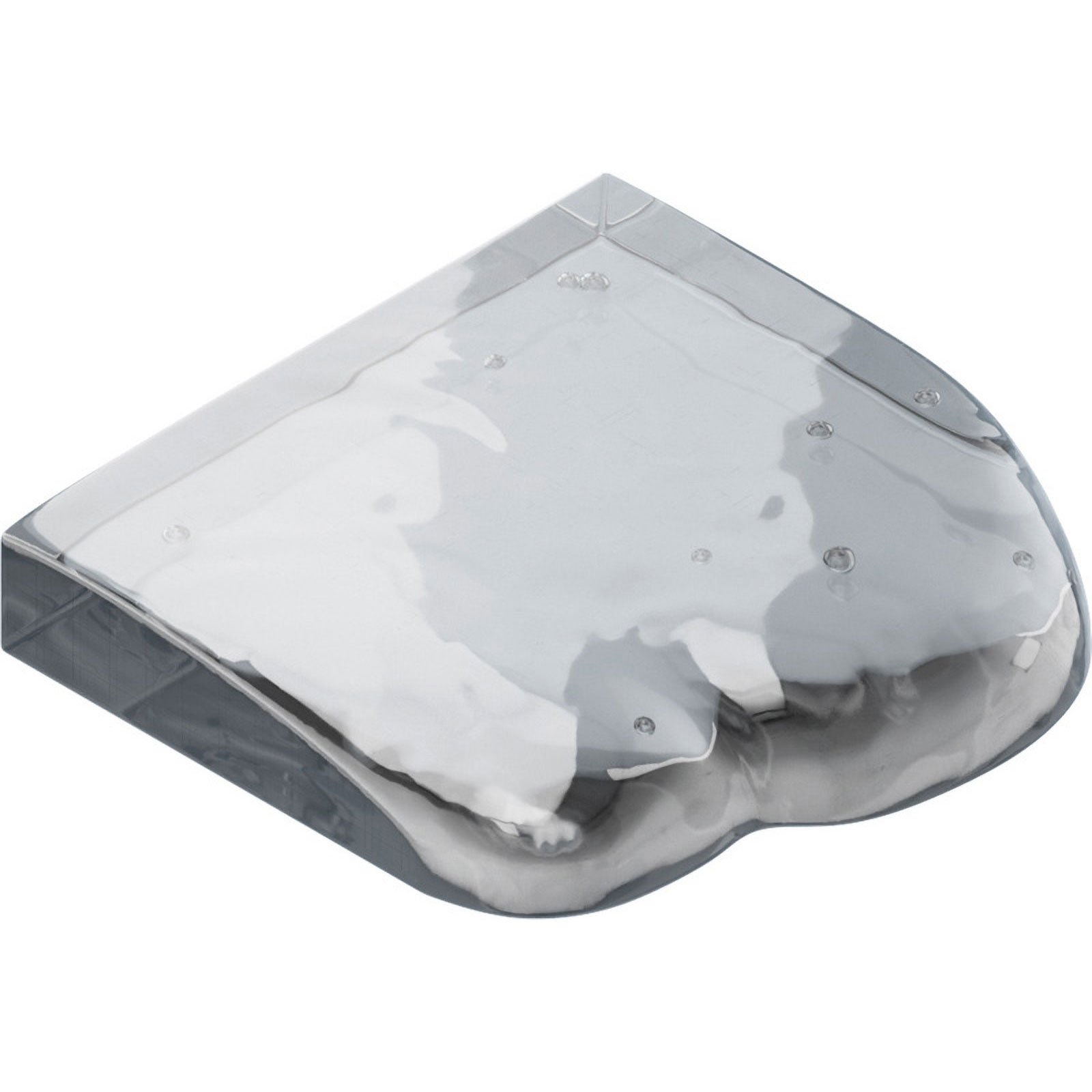 Un oggetto di plastica trasparente e curvo, forse un coperchio, con bordo grigio e diversi piccoli dettagli rotondi.