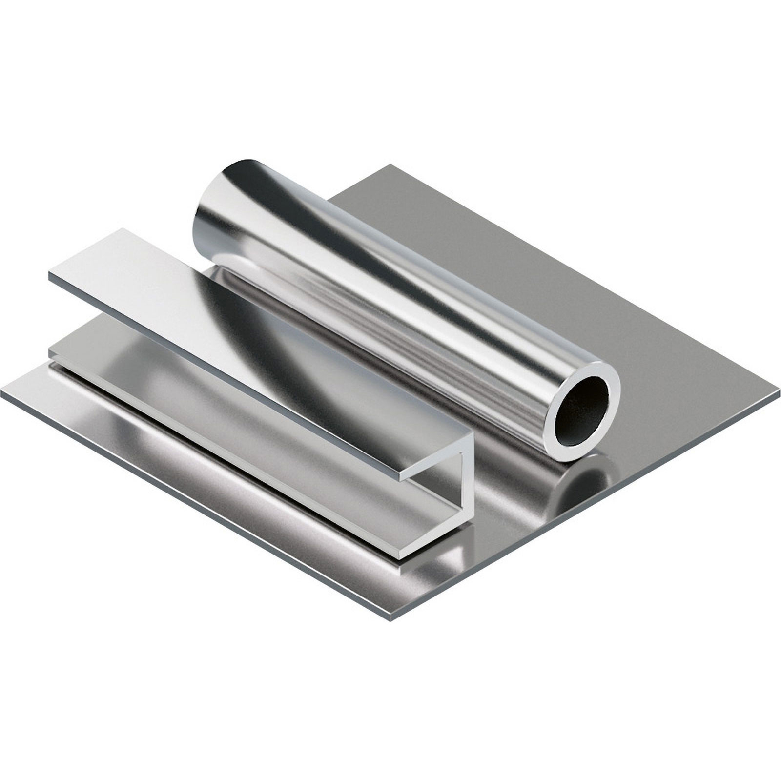 Varie forme di metallo: un cilindro, un foglio piatto, un pezzo a forma di L e un pezzo a forma di U, tutti in argento lucido.