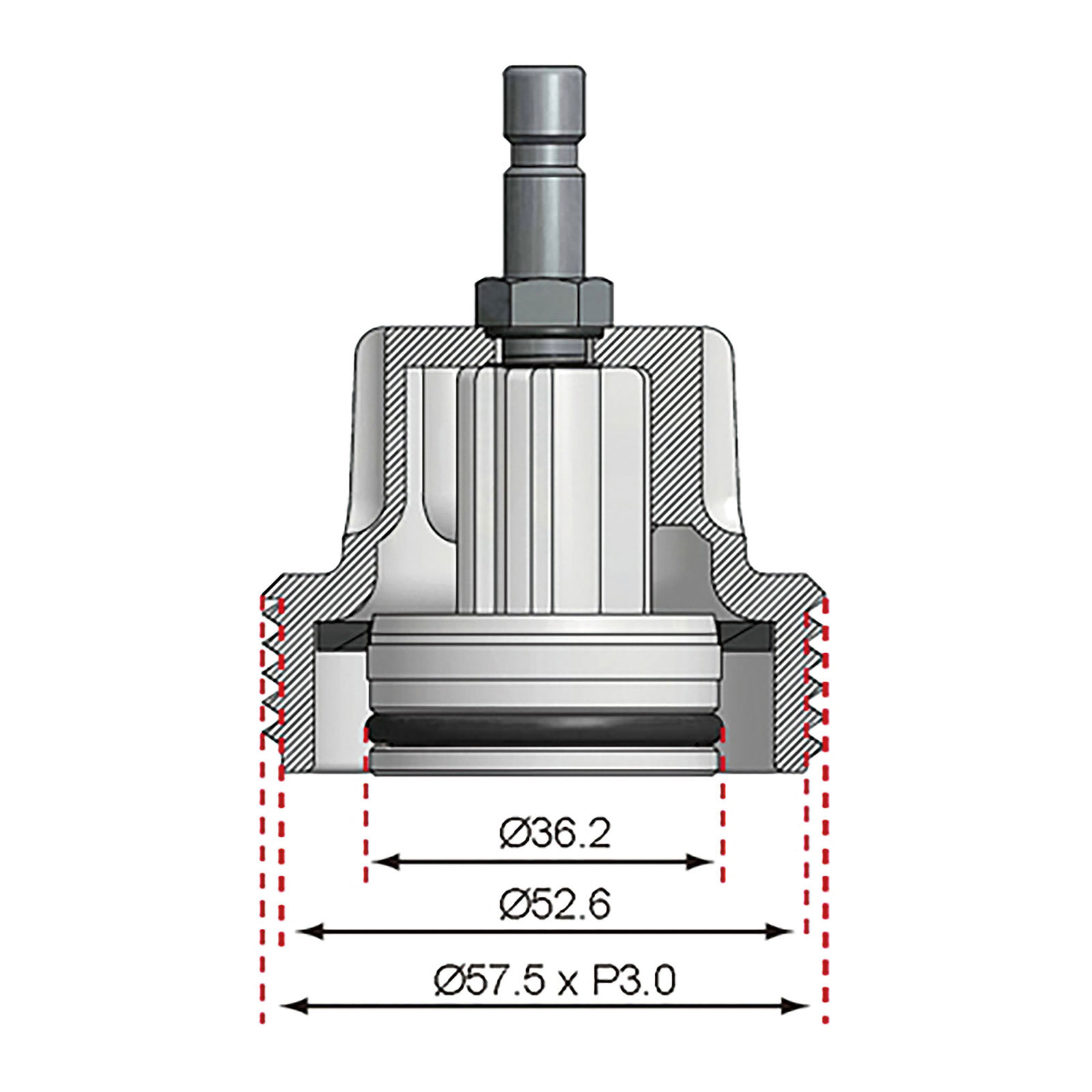 Querschnittsdiagramm einer mechanischen Komponente mit Maßen. Es hat eine zentrale Stange, Gewindeteile und kreisförmige Abmessungen.