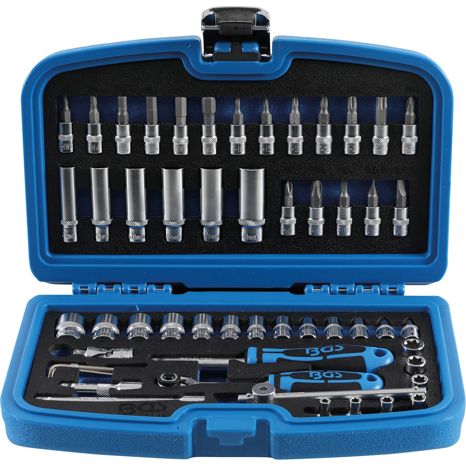Cassetta degli attrezzi blu con varie punte, bussole e un cricchetto. Contiene strumenti di diverse dimensioni e forme.