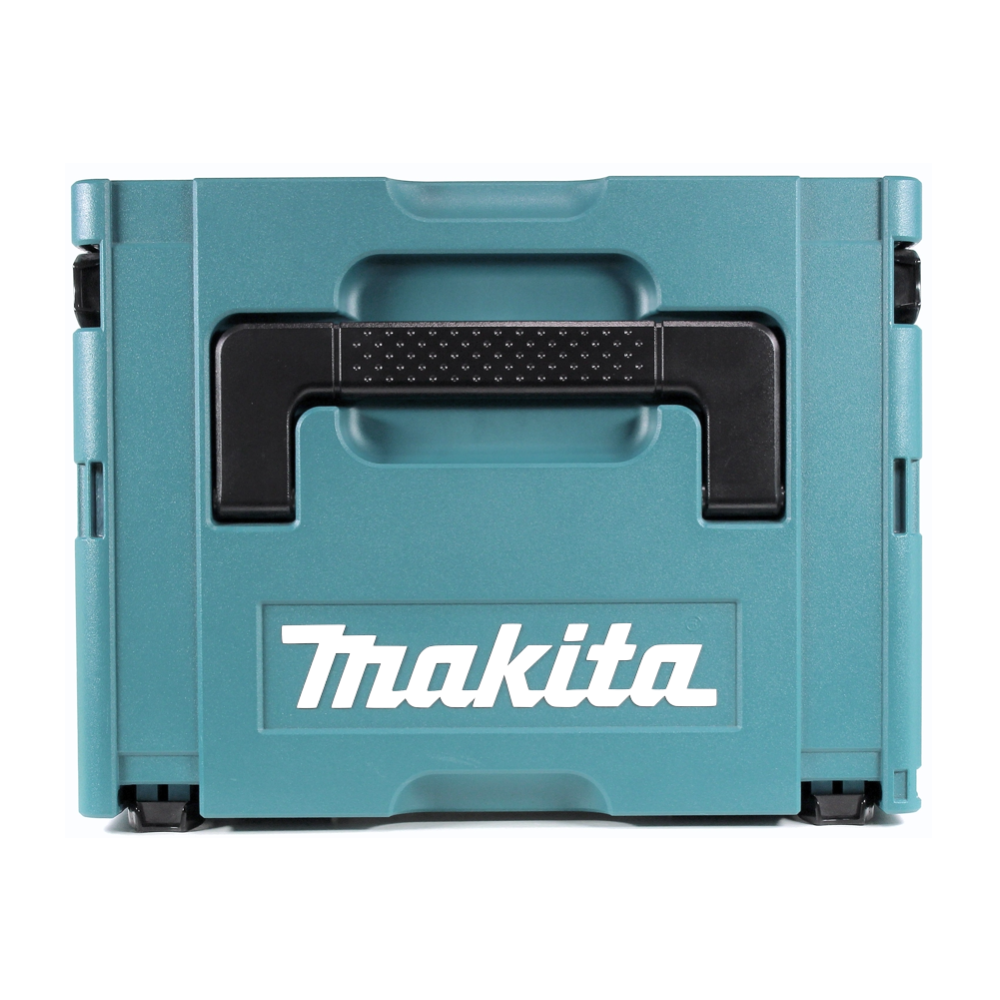 Eine teal Makita-Werkzeugkiste mit schwarzem Griff. Das Makita-Logo ist weiß. Die Box befindet sich auf weißem Hintergrund.