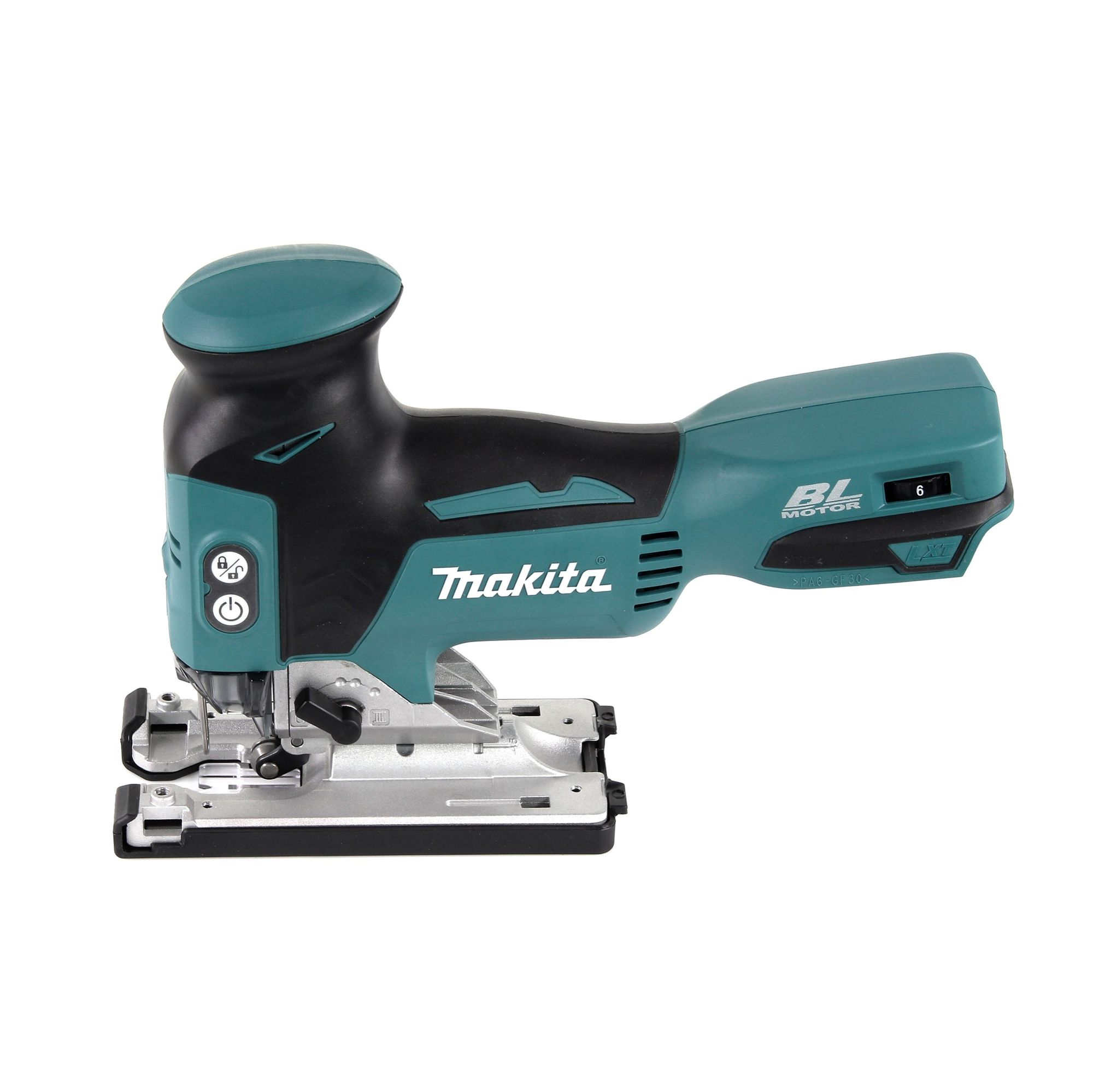 Eine teal- und schwarze Makita-Stichsäge auf weißem Hintergrund. Die Stichsäge hat eine silberne Basis und einen schwarzen Griff.