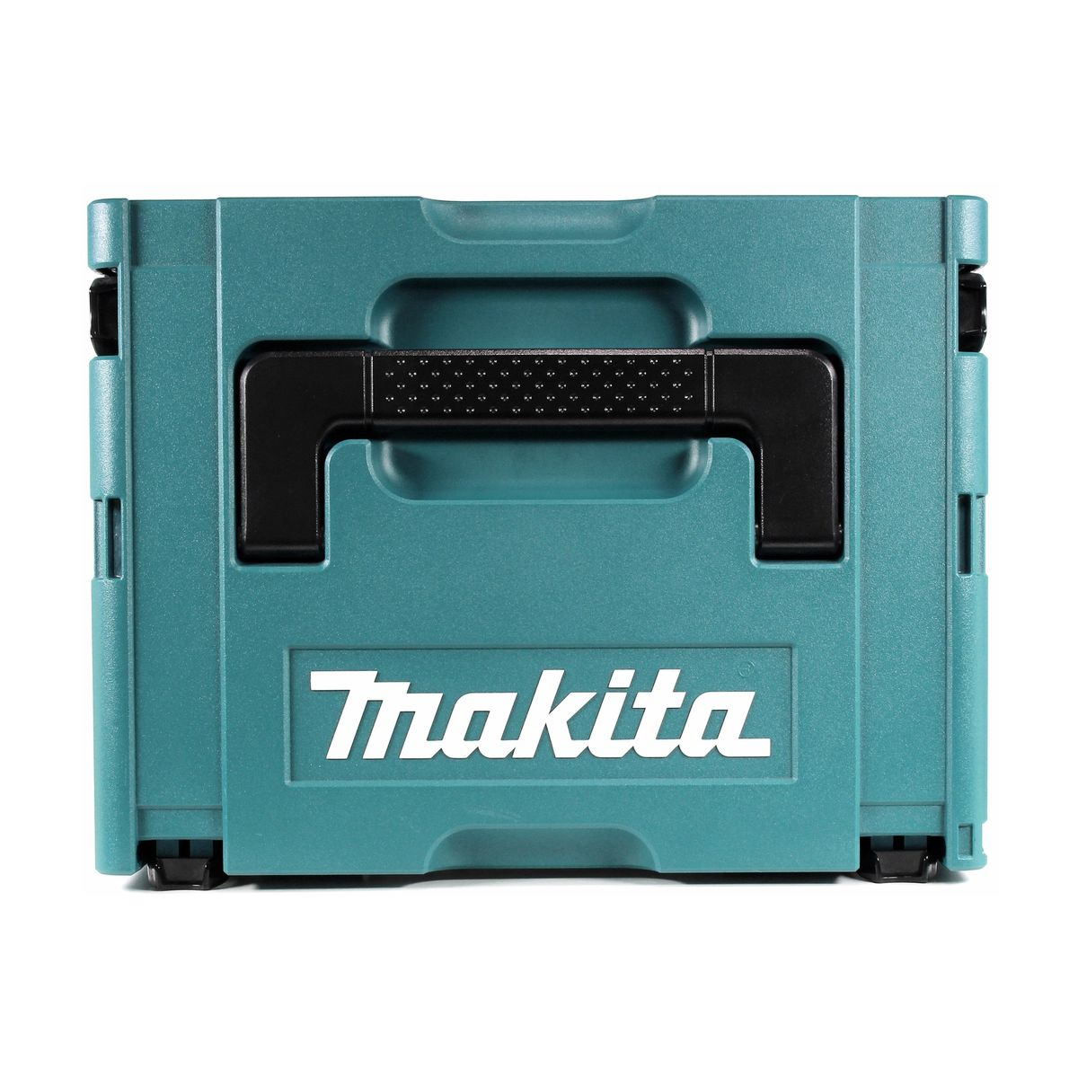 Eine türkisblaue Makita-Werkzeugbox mit schwarzem Griff. Das Makita-Logo ist weiß. Die Werkzeugbox steht auf weißem Hintergrund.