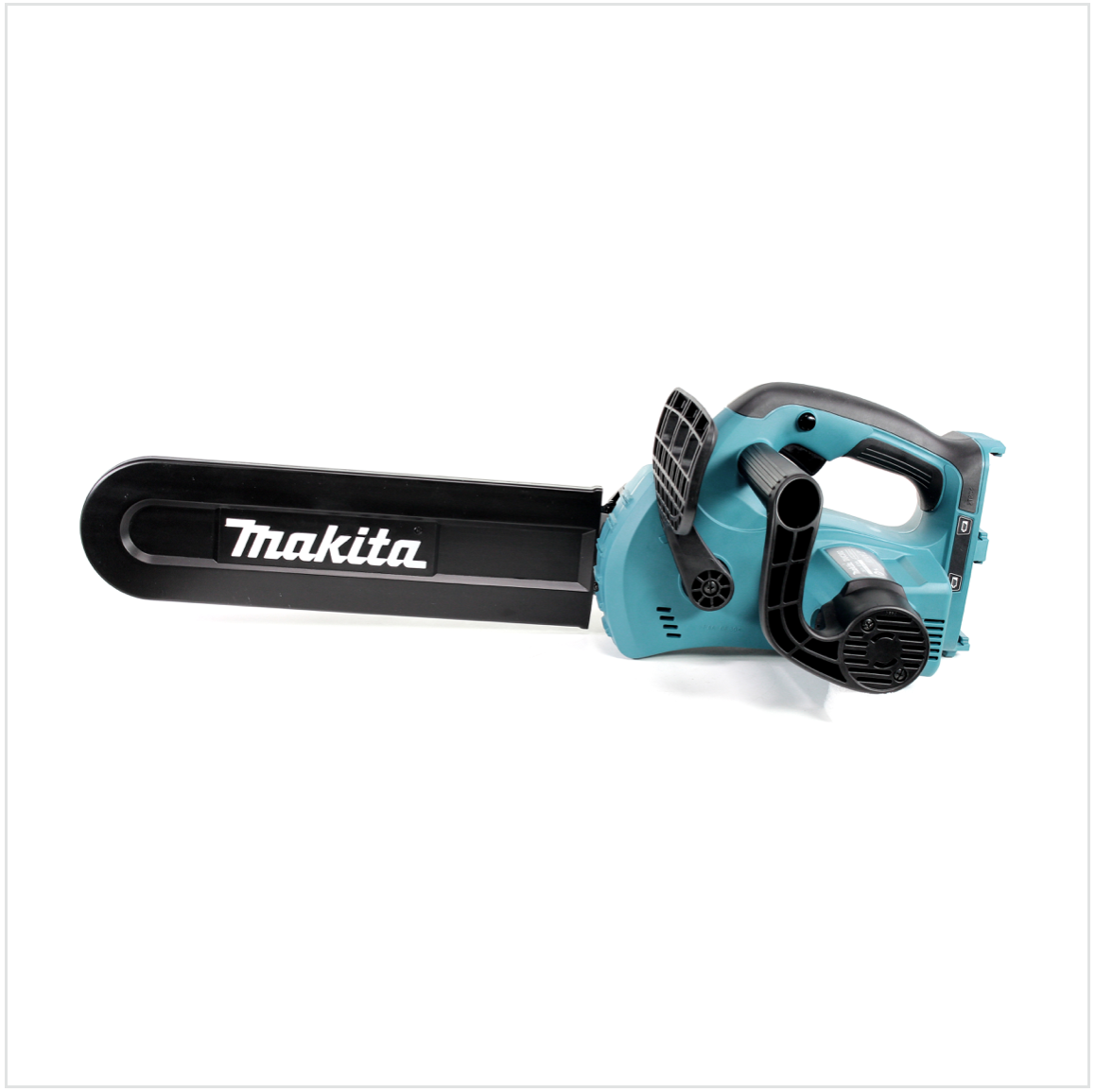 Eine türkis-schwarze Makita-Kettensäge liegt horizontal auf weißem Hintergrund. Das Makita-Logo ist sichtbar.