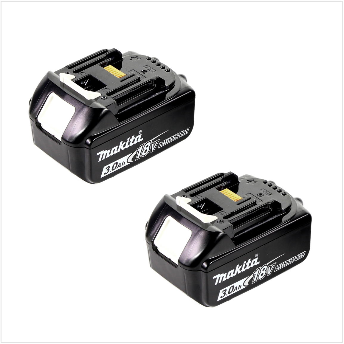 Zwei schwarze Makita 18V 3,0Ah Lithium-Ionen-Akkus werden gezeigt. Jeder hat ein weißes Rechteck, einen gelben Stecker und das Makita-Logo.