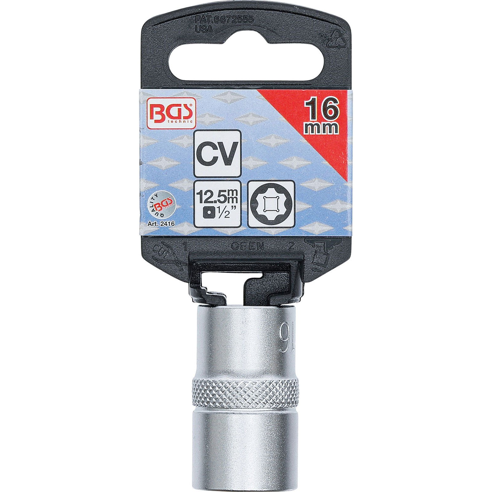 Una chiave a bussola in metallo con un supporto in plastica nera. L'etichetta indica 16 mm e presenta il logo BGS technic.