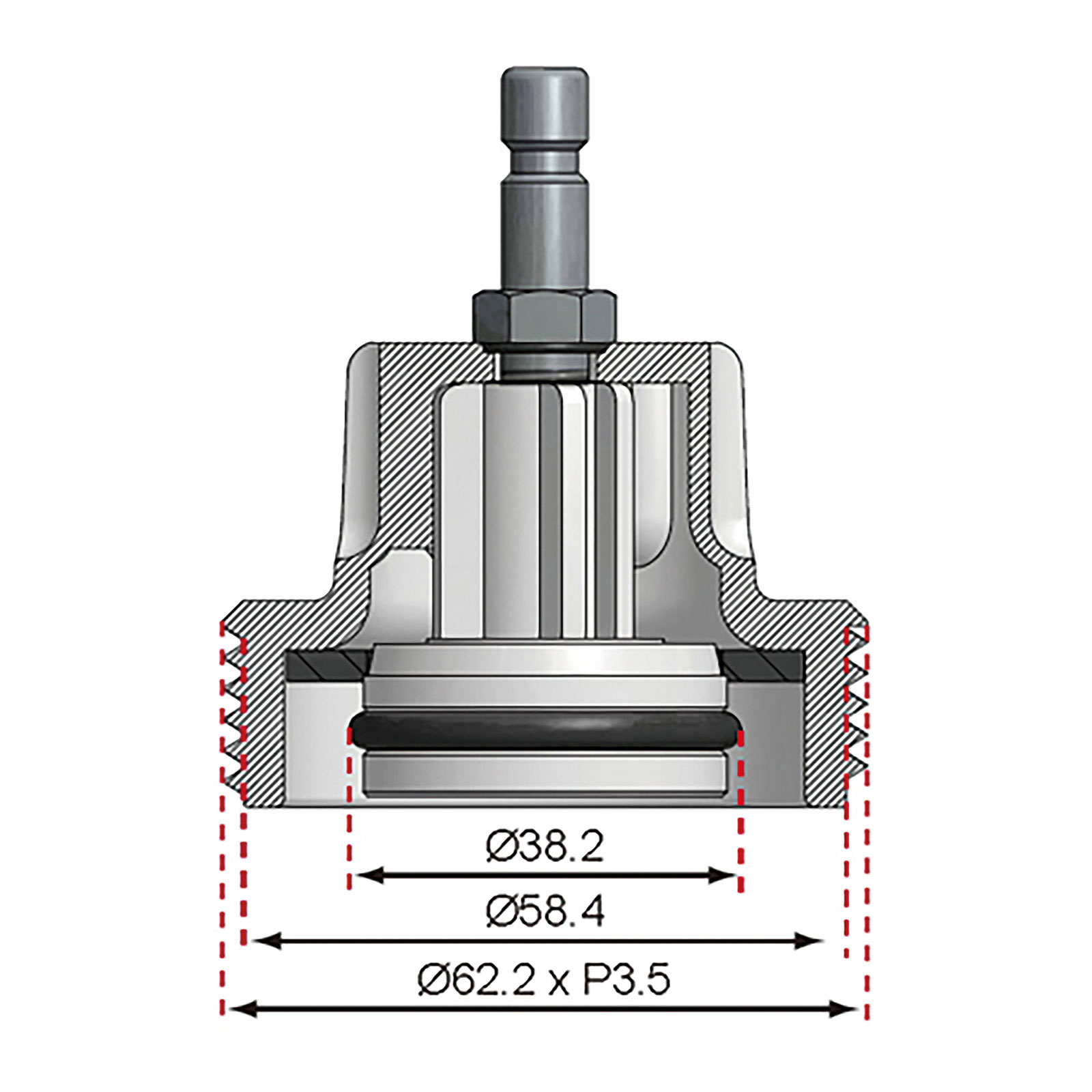 Querschnittsdiagramm einer mechanischen Komponente. Maße sind beschriftet. Grau, Schwarz und Silber sind sichtbar.