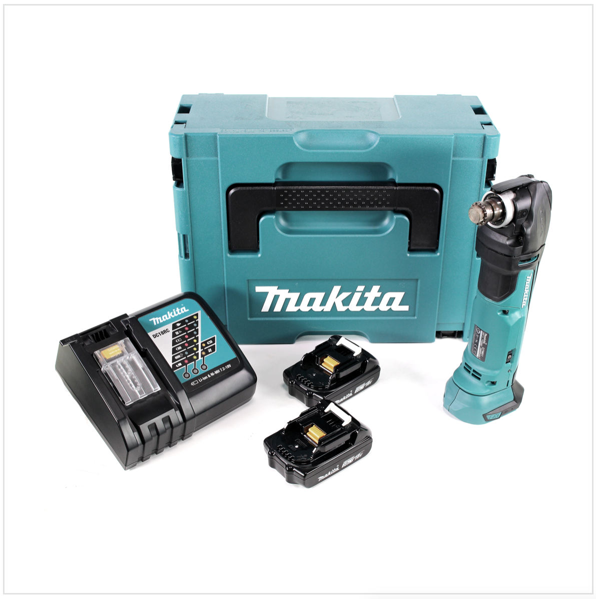 Ein Makita-Werkzeugsatz auf weißem Untergrund. Enthält einen tealfarbenen Koffer, ein Ladegerät, zwei Akkus und ein oszillierendes Multitool.