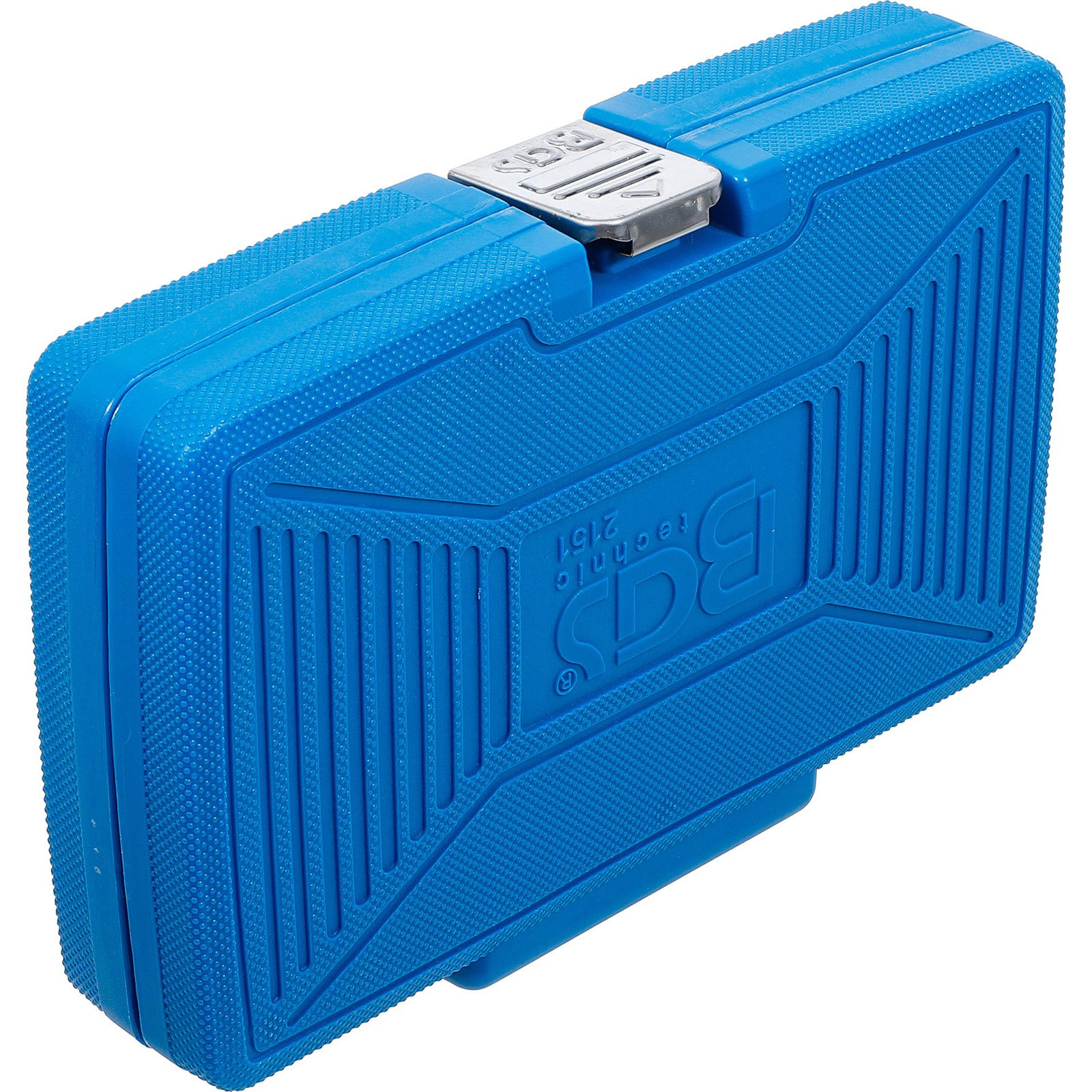 Una cassetta degli attrezzi blu con chiusura argentata. La cassetta ha una superficie strutturata e un logo 'BGS technic'.