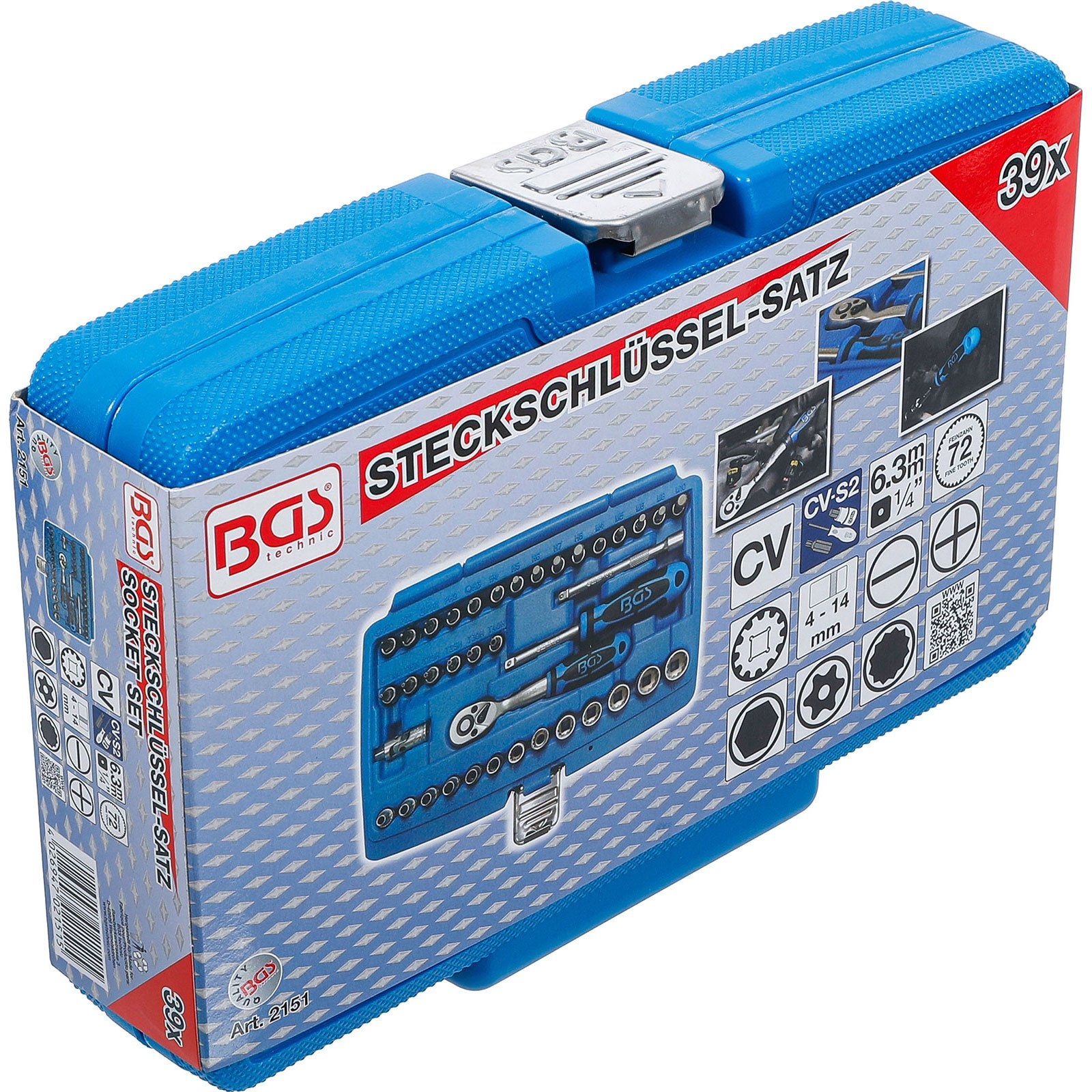 Cassetta blu di chiavi a bussola con attrezzi. Marchio 'BGS technic'. Testo sulla scatola: 'STECKSCHLÜSSEL-SATZ'. Contiene 39 pezzi.