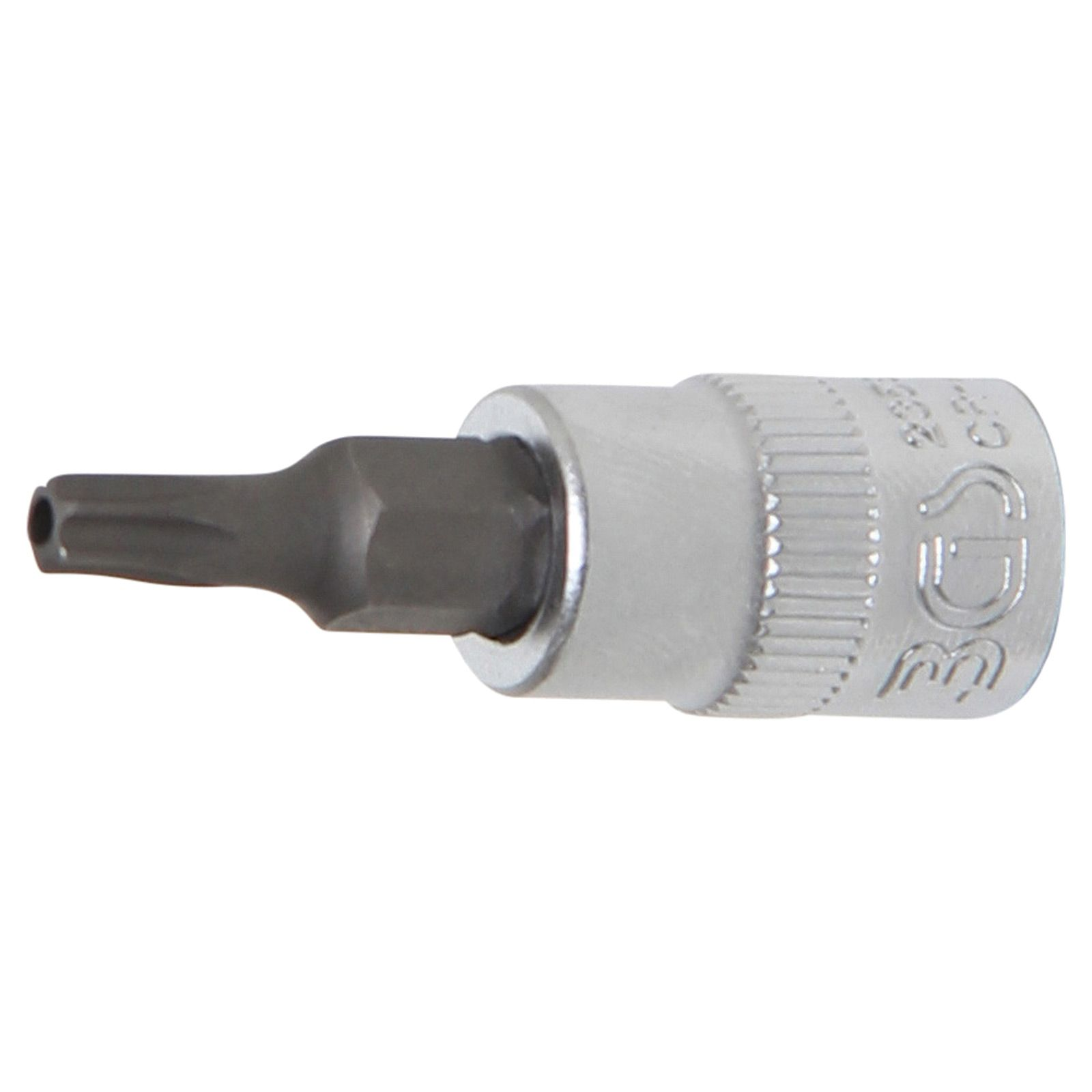 Una bussola Torx. La punta è grigio scuro e la bussola argentata. Lo sfondo è bianco.
