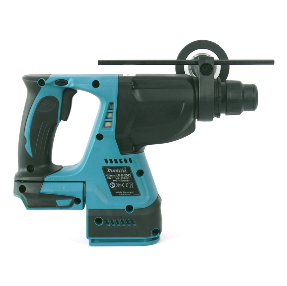 Ein türkis-schwarzer Makita DHR242 Bohrer mit schwarzem Griff. Enthält einen angebrachten schwarzen Ring und Stab.