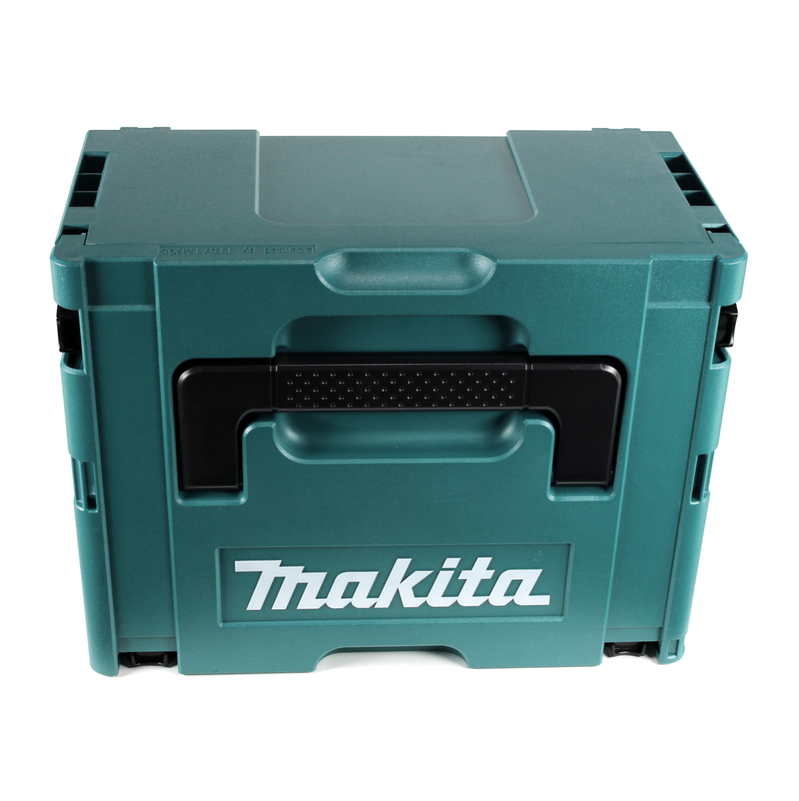 Eine teal Makita Werkzeugkiste. Sie hat einen schwarzen Griff und das Makita-Logo in Weiß. Sie steht auf weißem Grund.