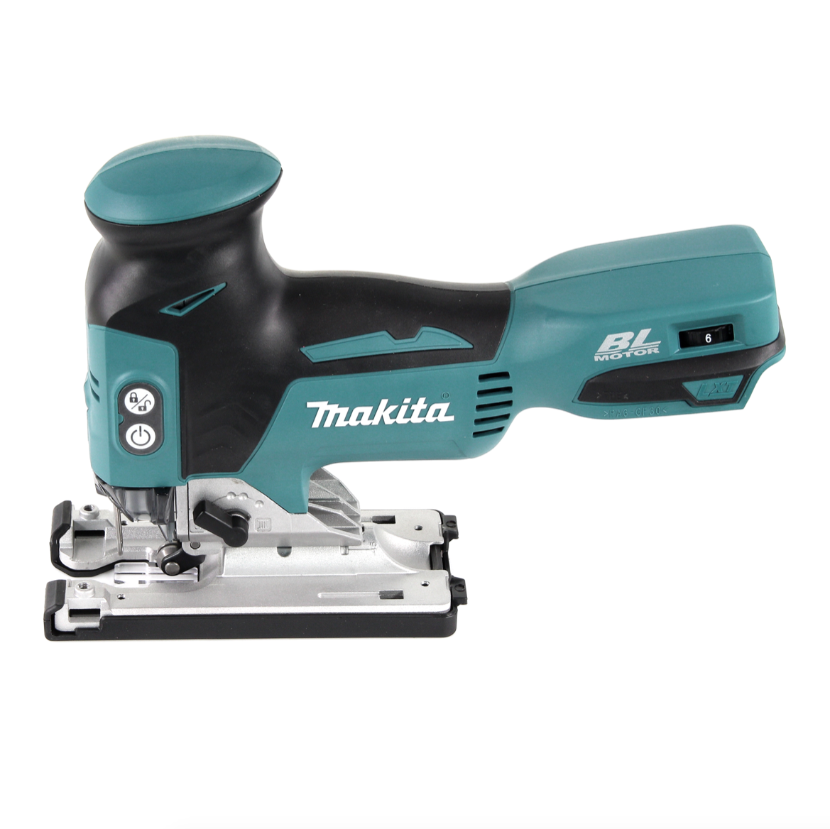 Eine Makita Stichsäge mit teal- und schwarzen Akzenten. Sie hat einen Griff, einen Auslöser und eine Klinge. Das Werkzeug steht auf weißem Hintergrund.
