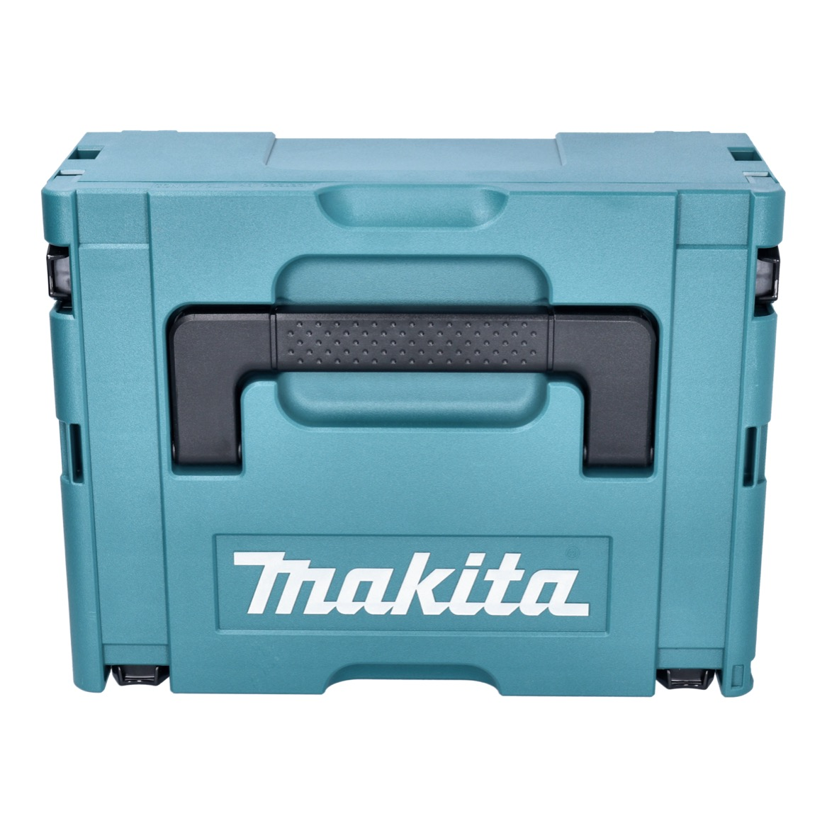 Eine türkisfarbene Makita-Werkzeugkiste mit schwarzem Griff und dem weißen Makita-Logo. Die Box befindet sich auf weißem Hintergrund.