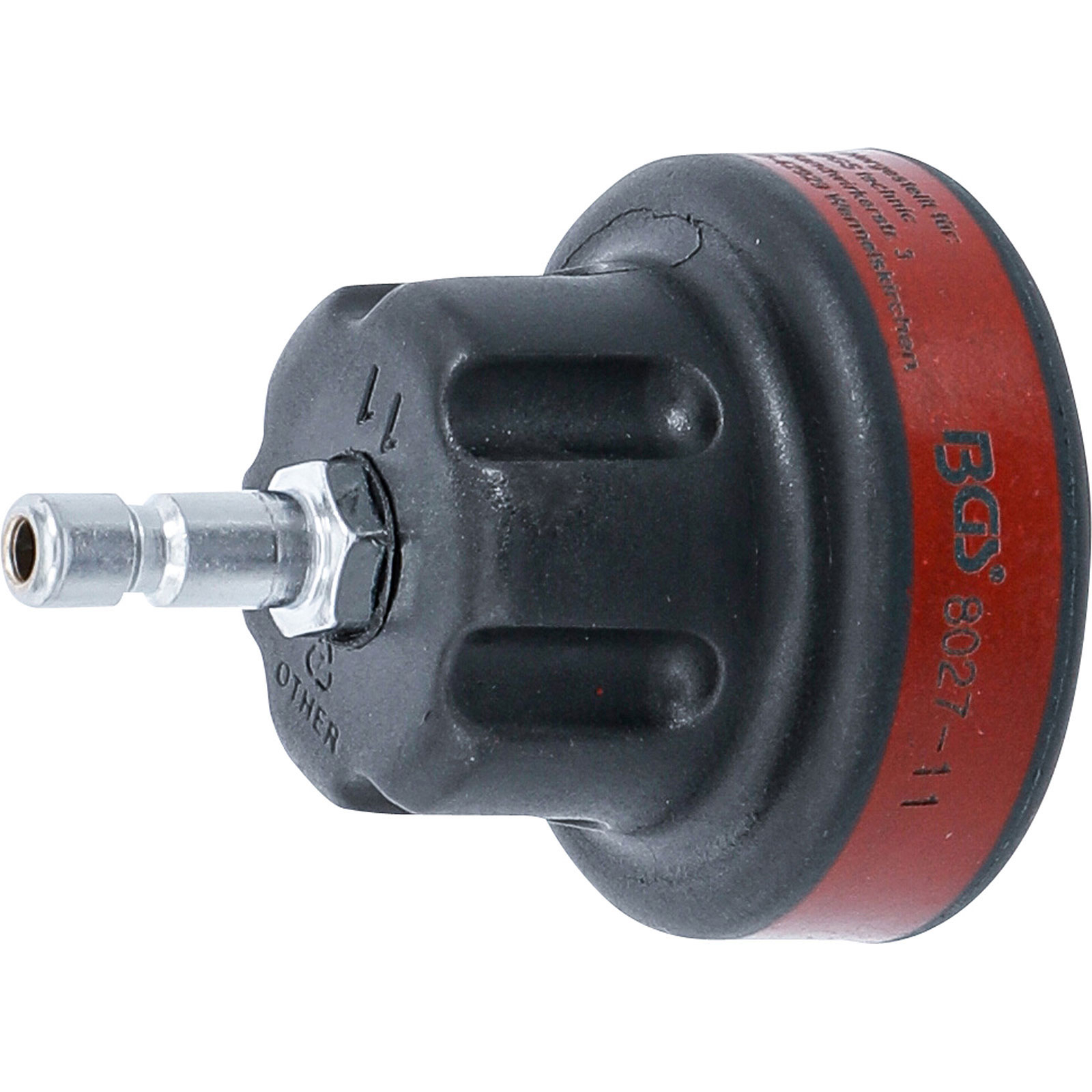 Schwarzes und rotes Autowerkzeug. Eine silberne Metalltülle ragt aus dem schwarzen Körper heraus. Rotes Band mit weißem Text am Rand.