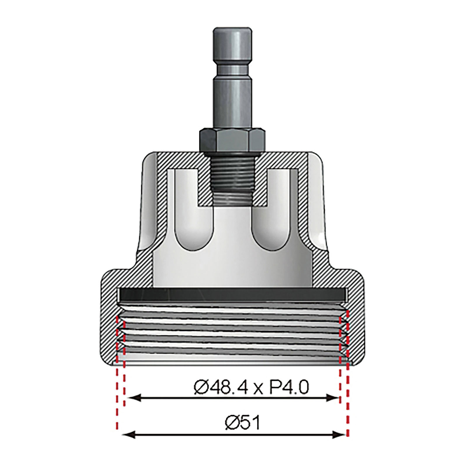 Querschnitt einer Metallkomponente mit Gewindebasis, Schraube und Beschriftungen. Grau- und Schwarztöne.