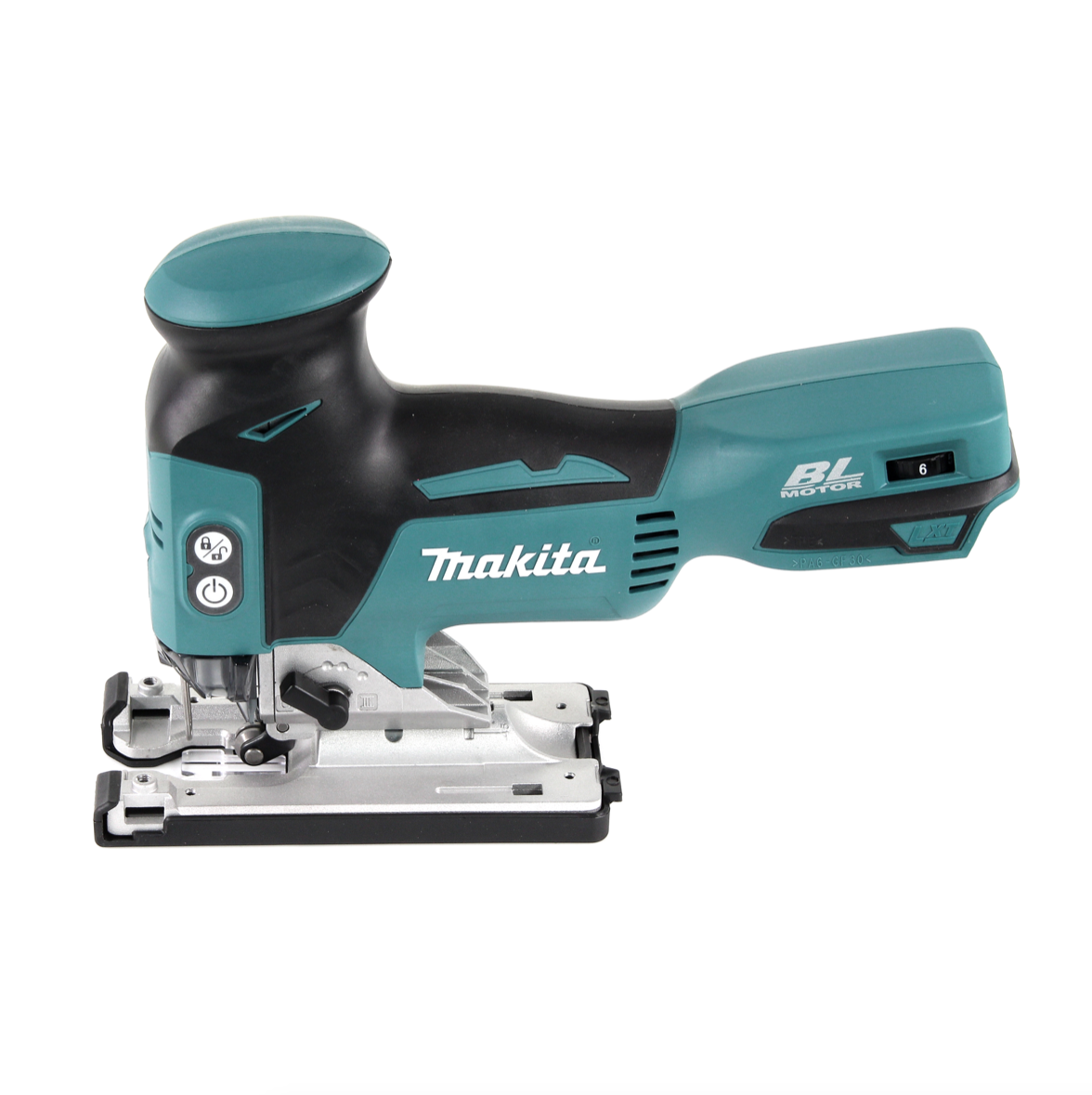 Eine teal- und schwarze Makita Stichsäge. Sie hat einen Einschaltknopf, eine Klinge und eine silberne Basis. Der Hintergrund ist weiß.