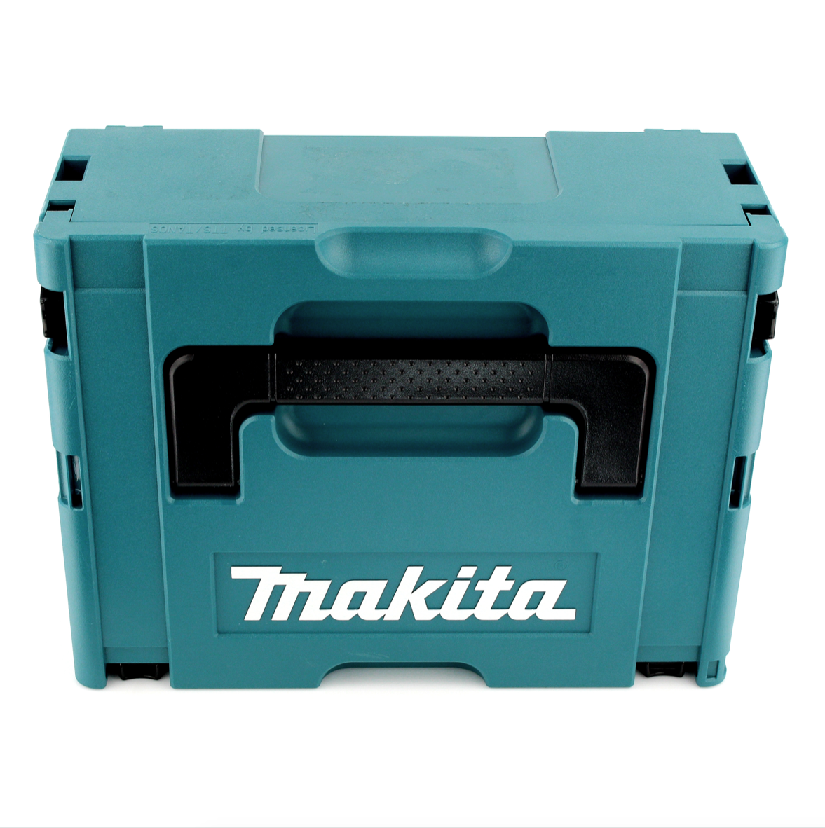 Eine türkisfarbene Makita-Werkzeugbox mit schwarzem Griff und dem Makita-Logo in Weiß auf der Vorderseite, vor weißem Hintergrund.