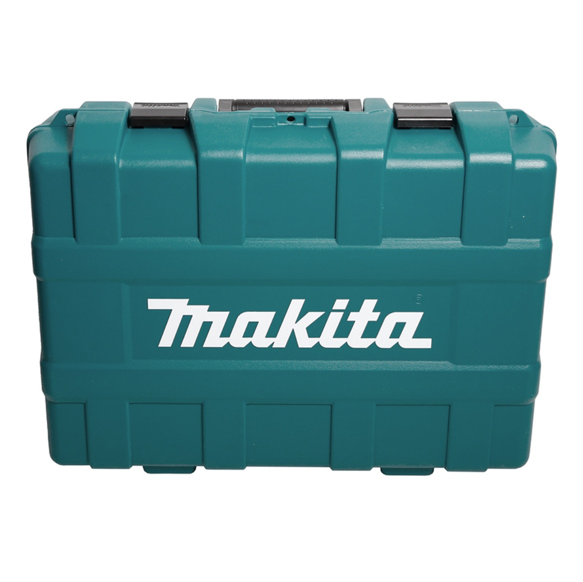 Ein tealfarbener Makita Werkzeugkoffer mit schwarzem Griff und Verschlüssen. Das weiße Makita-Logo ist mittig auf der Vorderseite.