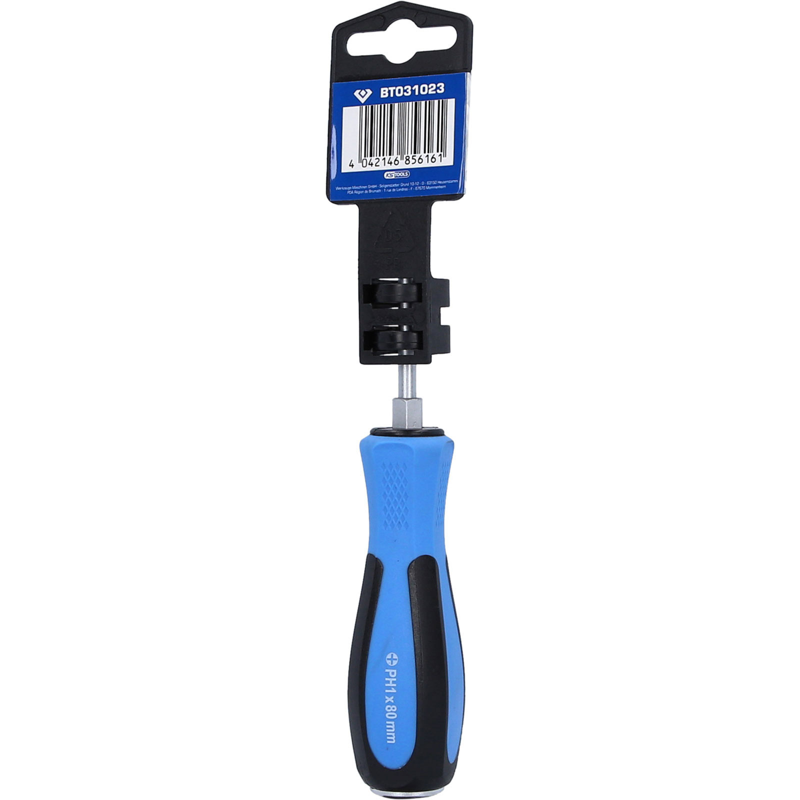 Ein blau-schwarzer Schraubendreher mit schwarzem Halter und Etikett. Der Griff liest PH1 x 80 mm.