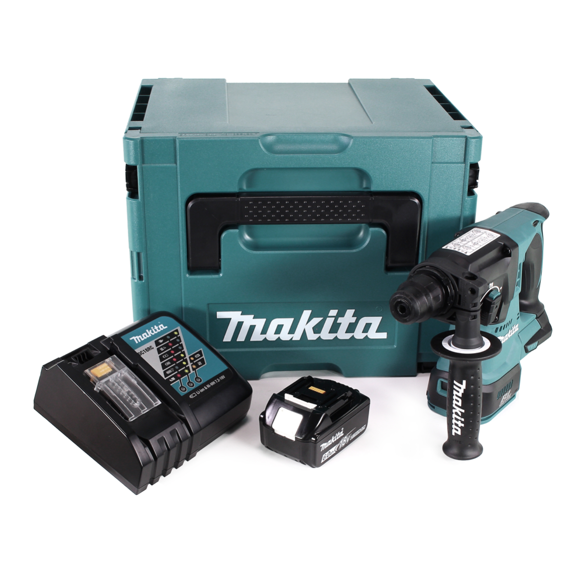 Ein Makita-Werkzeugsatz. Enthält einen tealfarbenen Koffer, Bohrer, Ladegerät und Akku auf weißem Hintergrund.