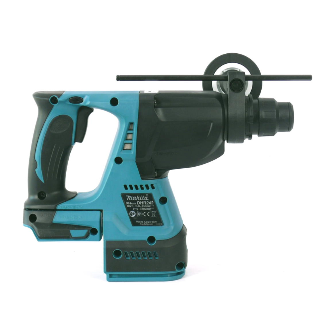 Ein blau-schwarzer Makita DHR242 Bohrhammer. Er hat einen Griff und einen Bohreraufsatz auf weißem Hintergrund.