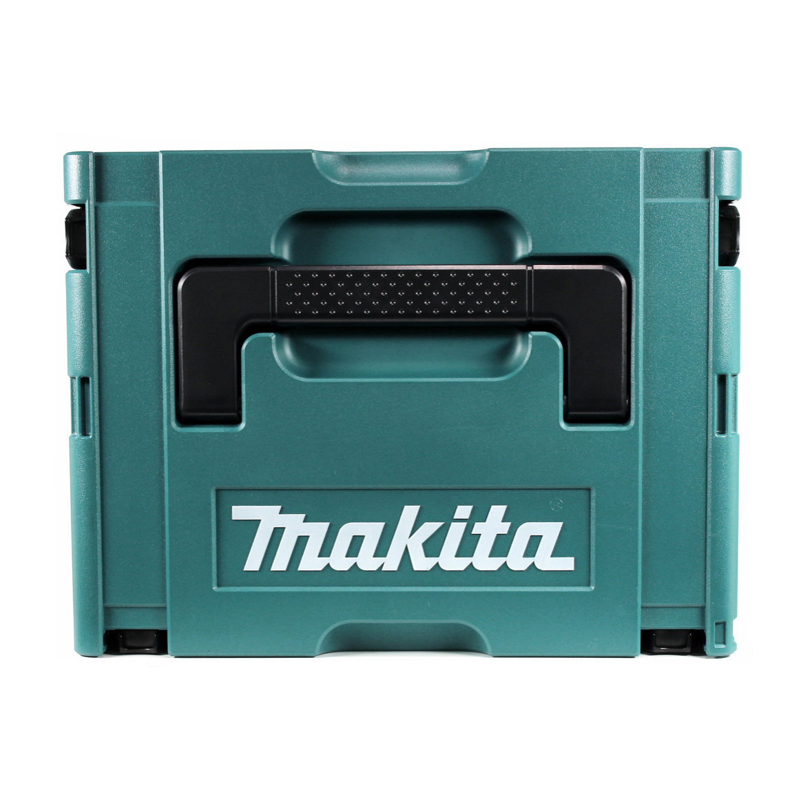 Eine tealfarbene Makita-Werkzeugkiste mit schwarzem Griff. Das Makita-Logo ist prominent auf der Vorderseite zu sehen.