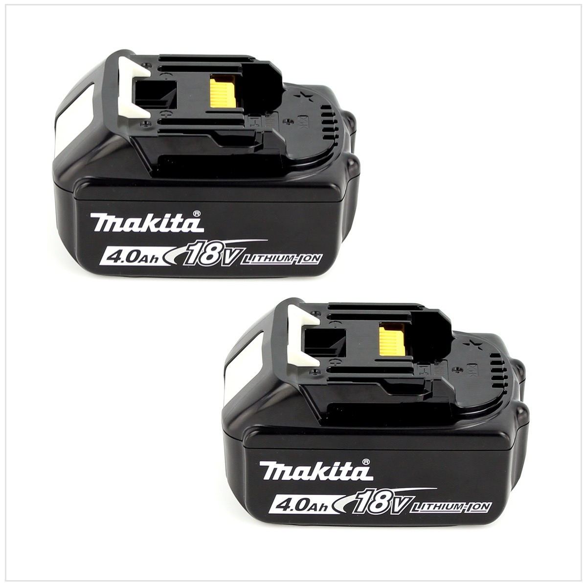 Zwei schwarze Makita 4.0Ah 18V Lithium-Ionen-Akkus auf weißem Hintergrund. Jeder hat weiße und gelbe Details und das Makita-Logo.