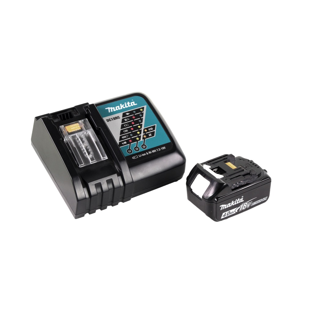 Makita-Batterieladegerät und -Batterie auf weißem Hintergrund. Ladegerät ist schwarz und blaugrün. Batterie ist schwarz. Beide haben Makita-Marken.