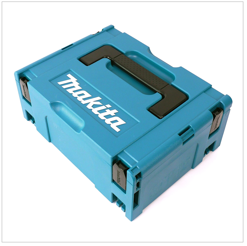 Eine türkisfarbene Makita-Werkzeugbox mit schwarzem Griff und Verschlüssen. Das Makita-Logo ist weiß. Die Box steht auf weißem Untergrund.