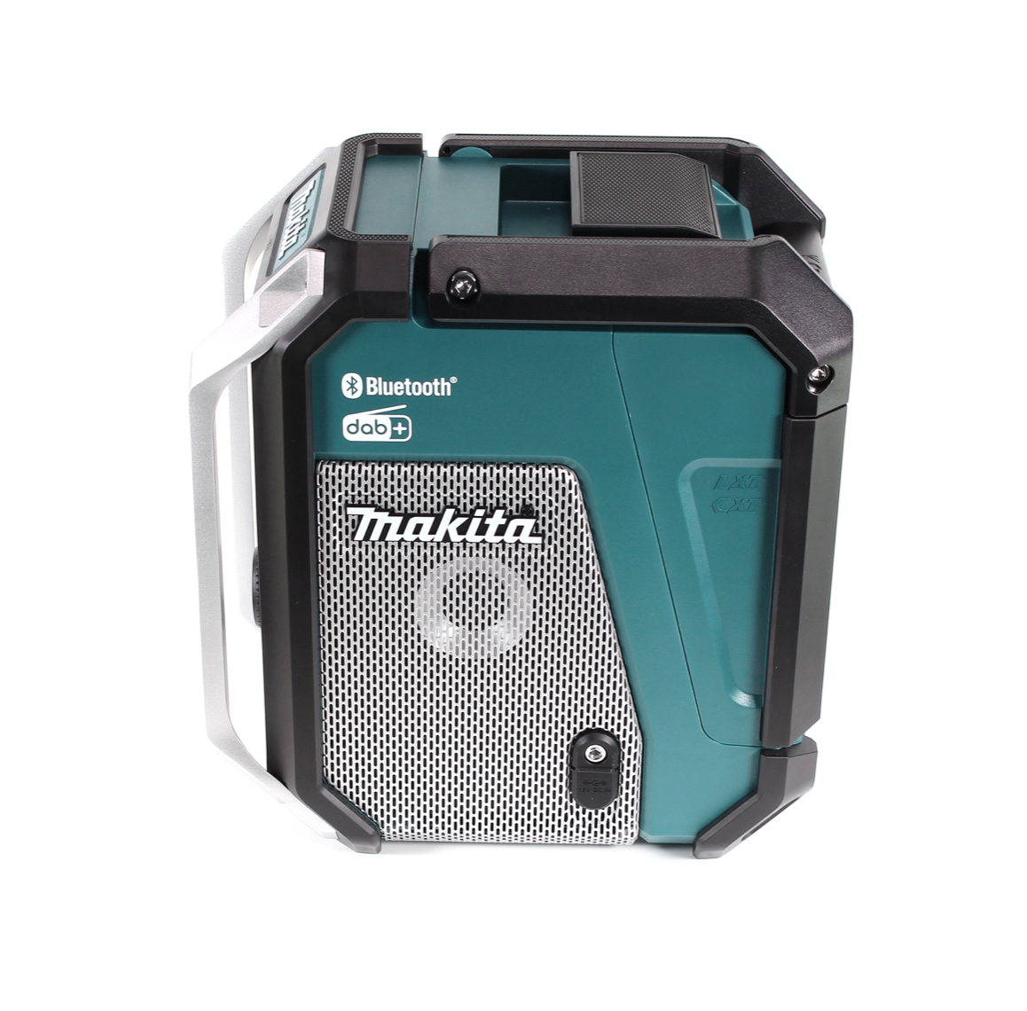Ein türkis-schwarzes Makita-Radio. Es hat einen silbernen Griff, einen Lautsprechergrill und Bluetooth- und DAB+-Logos.